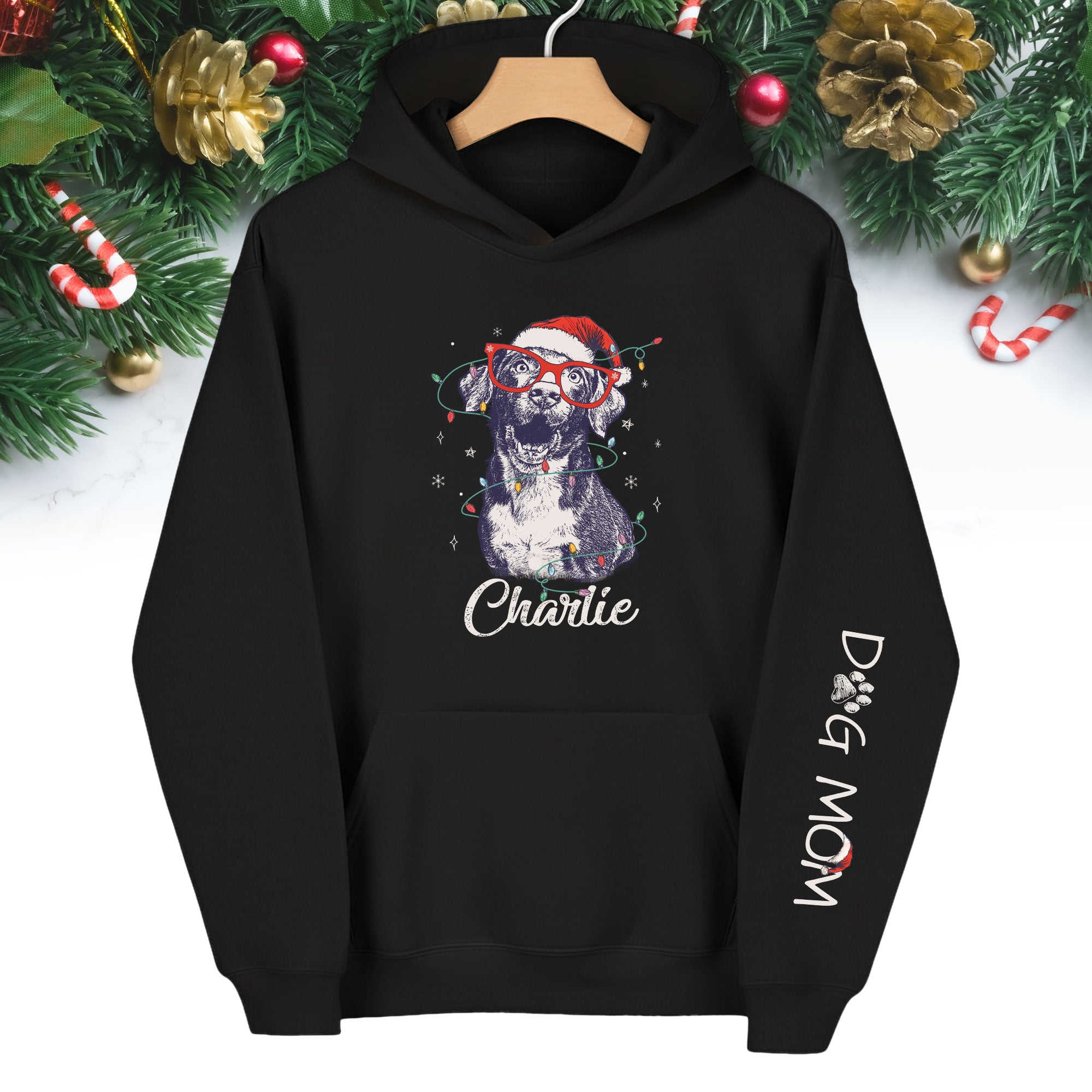 Personalized Dog Mom Hoodie – Custom Dog Photo Hoodie with Holiday Design