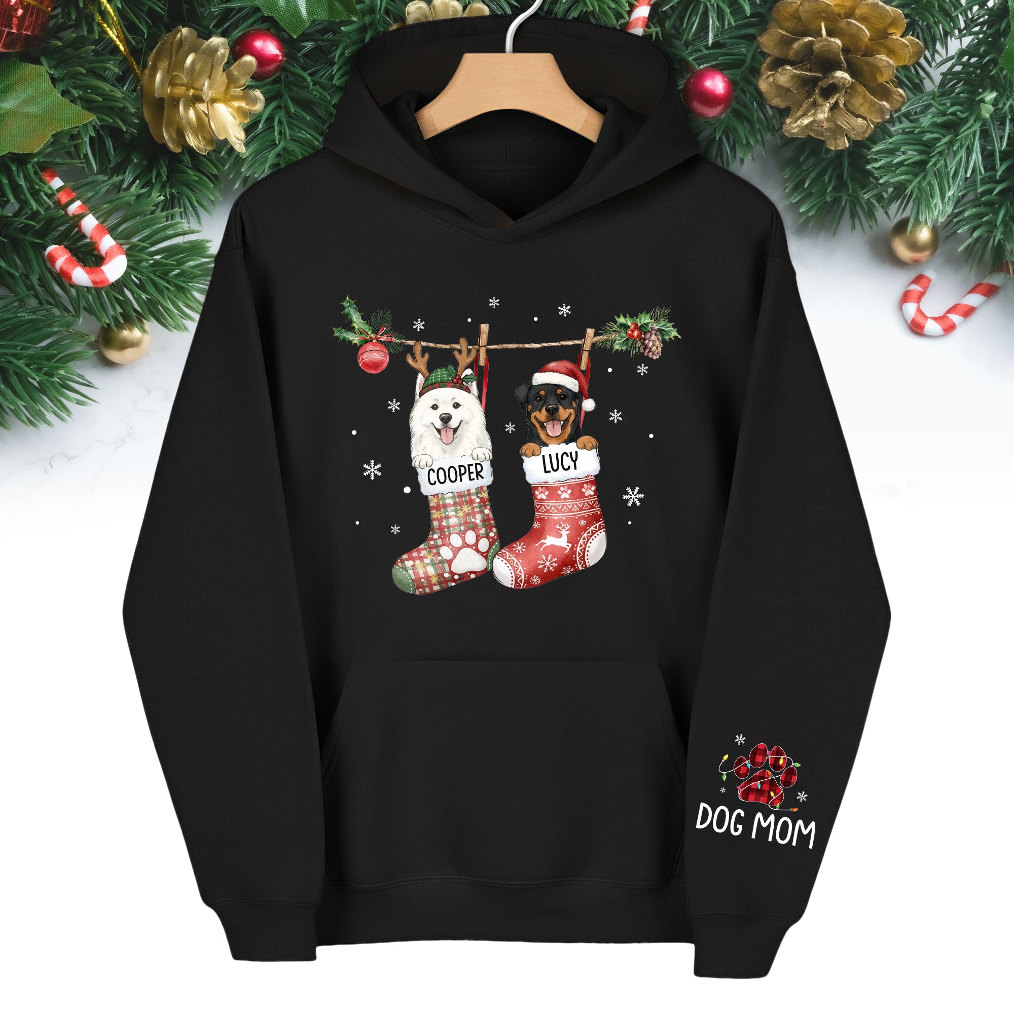 Custom Christmas Dog Hoodie – Personalized Holiday Hoodie with Your Dog’s Photo in Festive Stockings