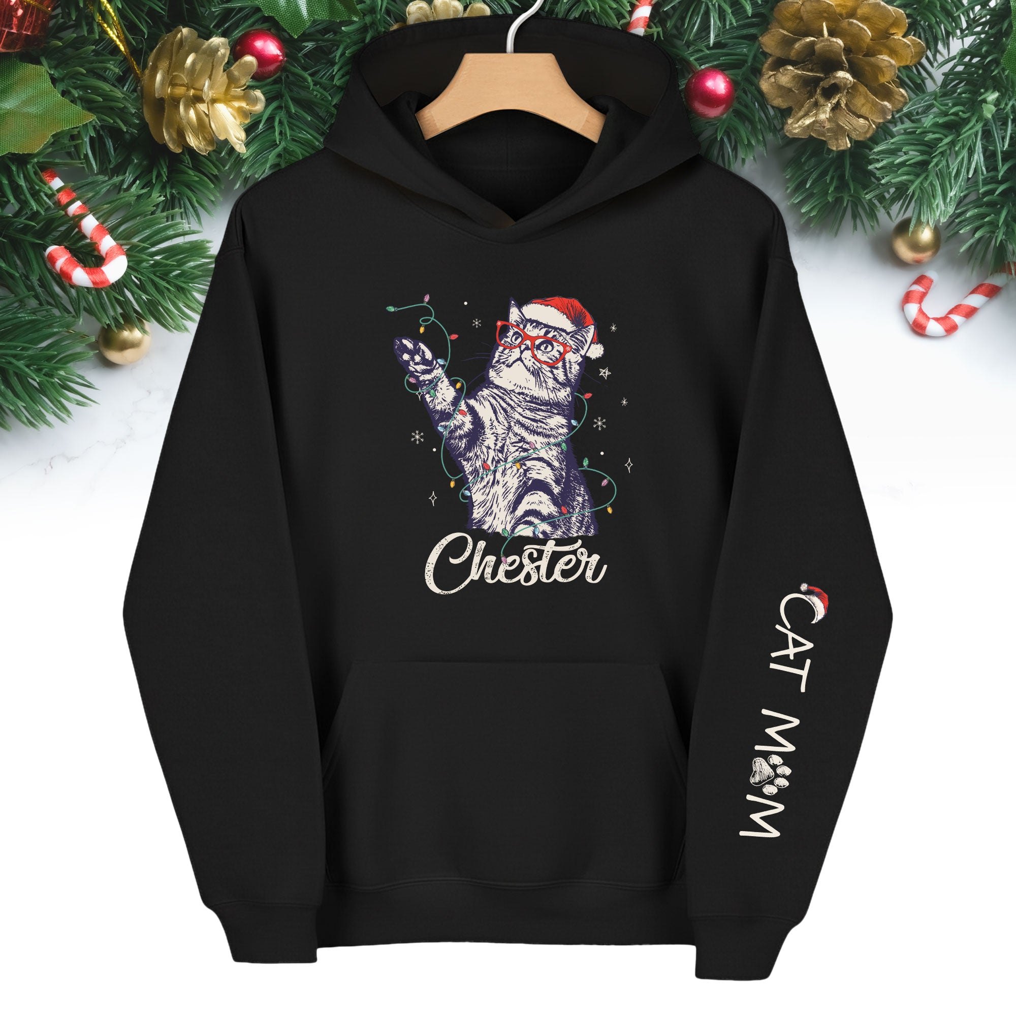 Christmas Cat Mom Hoodie – Personalized Cat Photo Hoodie, Custom Holiday Gift for Women