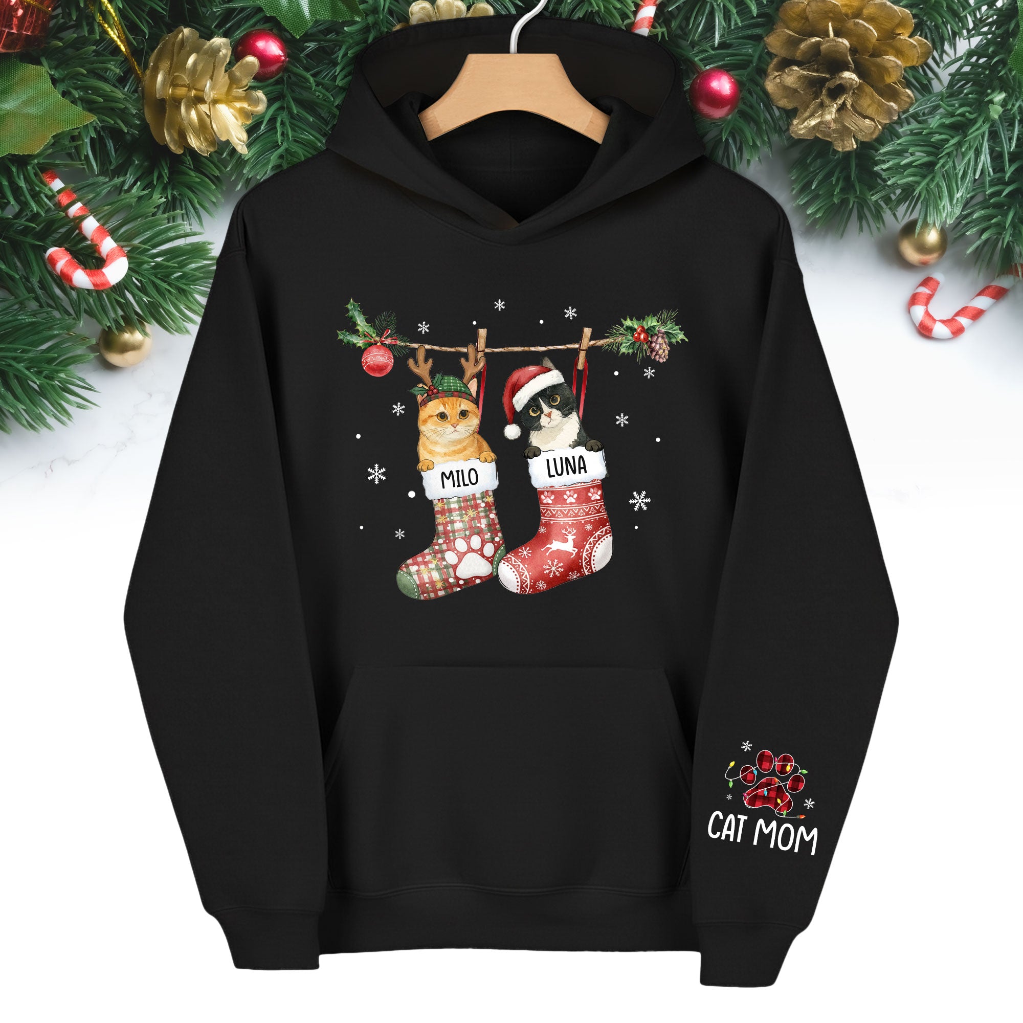 Christmas Cat Lover Hoodie – Custom Pet Photo Hoodie, Personalized Gift for Women