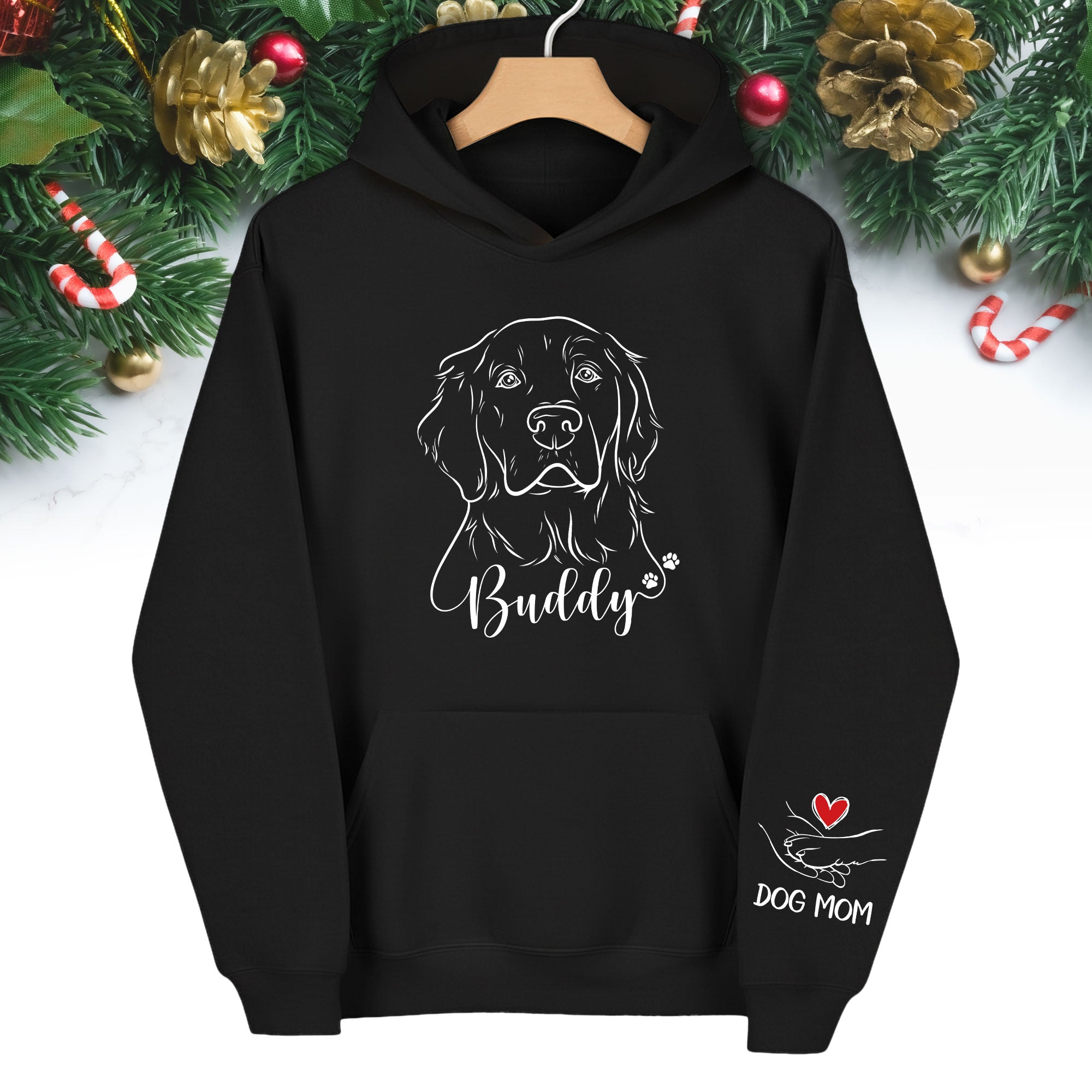 Custom Pet Portrait Hoodie – Personalized Dog Line Art with Name, Dog Mom Gift