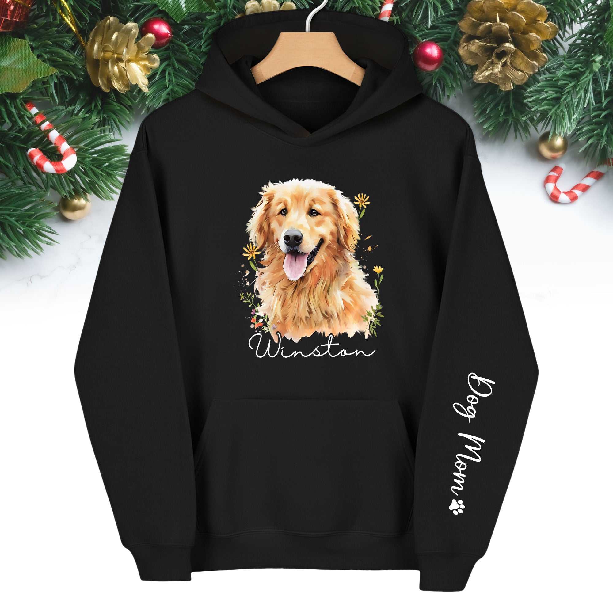 Custom Pet Photo Hoodie – Personalized Dog Portrait with Floral Design, Dog Mom Gift
