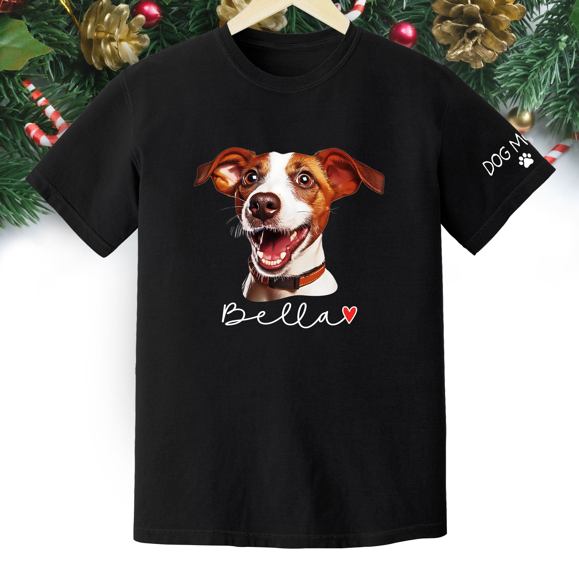 Dog Mom Christmas Shirt – Custom Pet Portrait Tee, Personalized Holiday Gift for Women