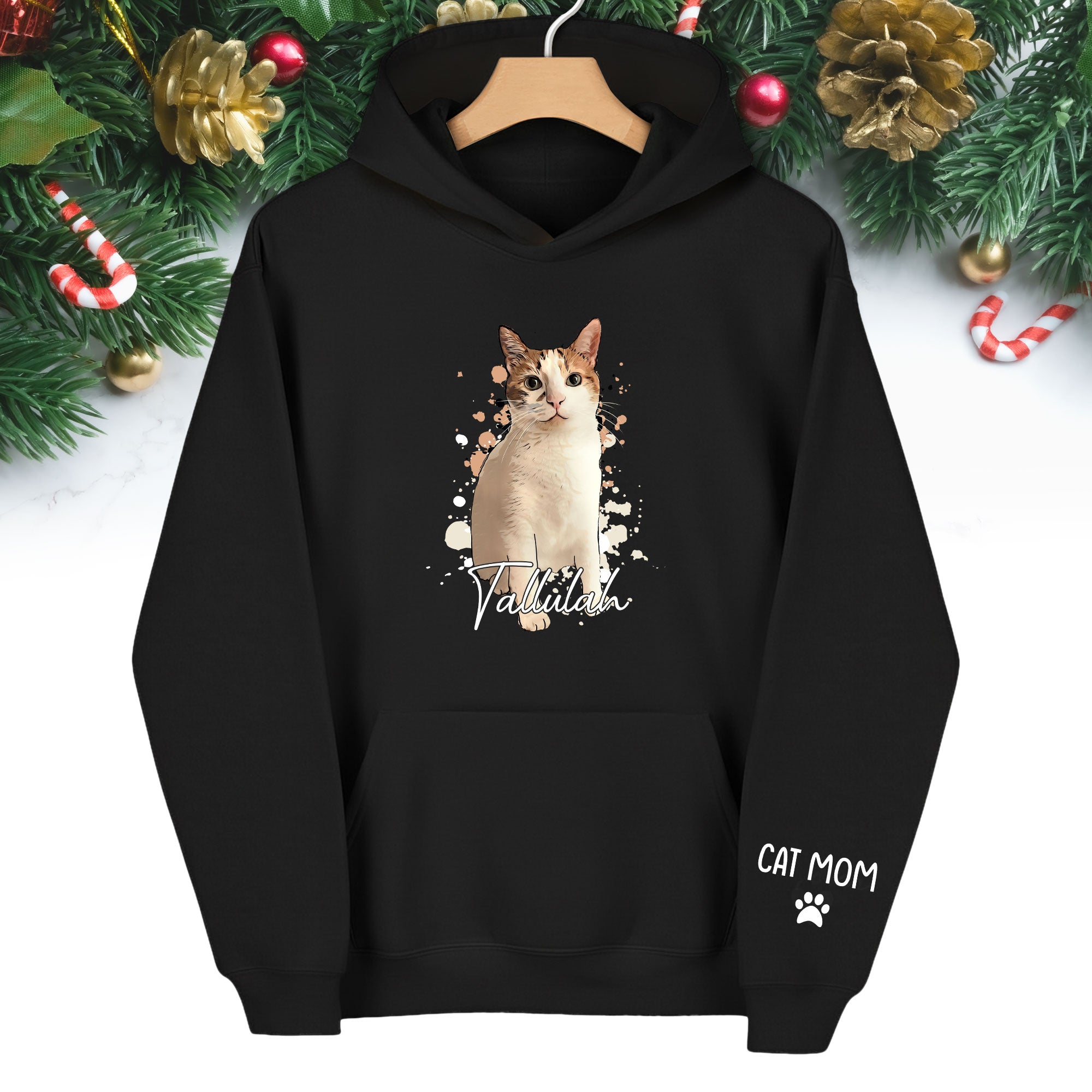 Personalized Cat Mom Hoodie – Custom Cat Photo Hoodie with Pet Name, Unique Holiday Gift for Cat Lovers