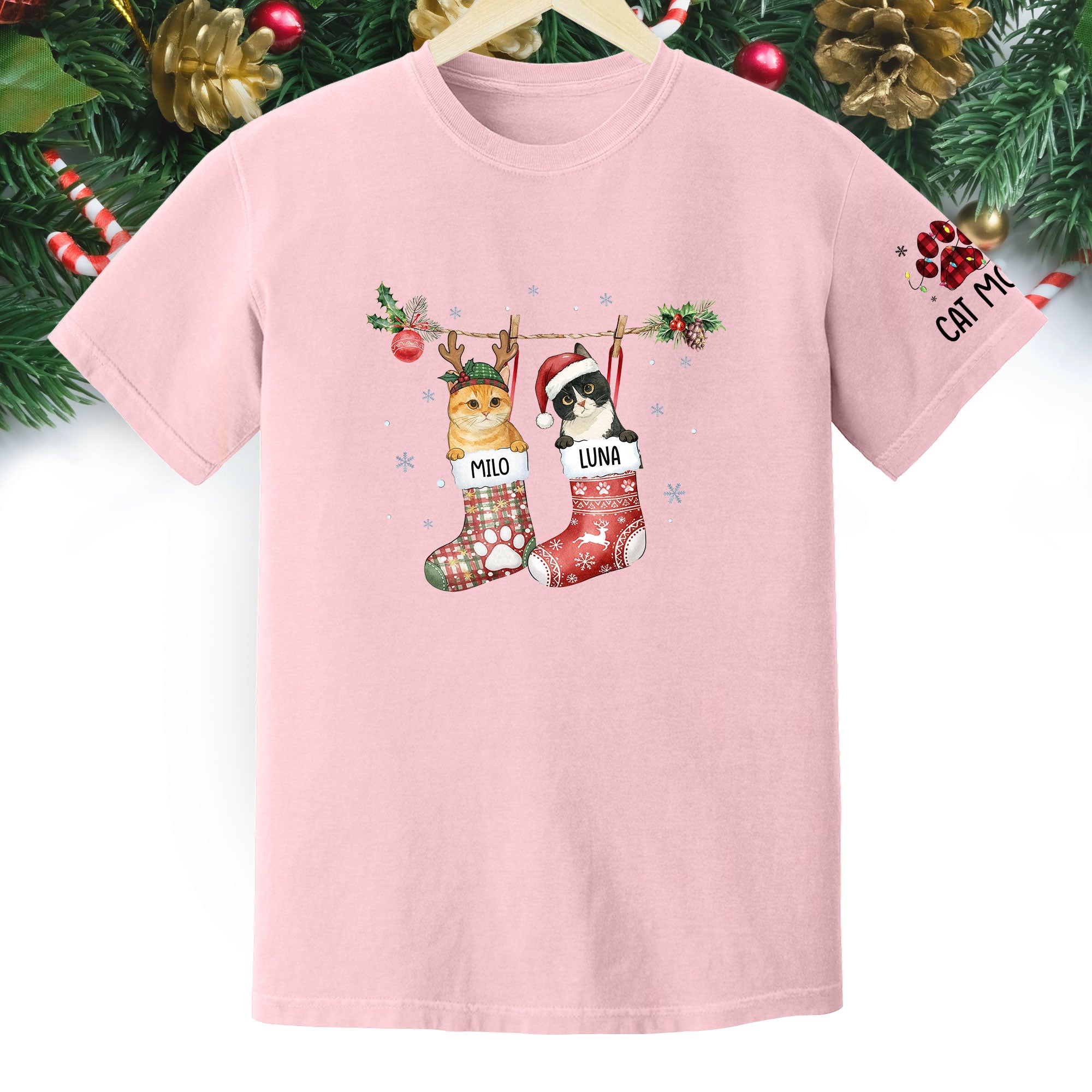 Personalized Cat Photo Christmas T-Shirt – Custom Pet Lover Gift for Cat Mom, Holiday Tee