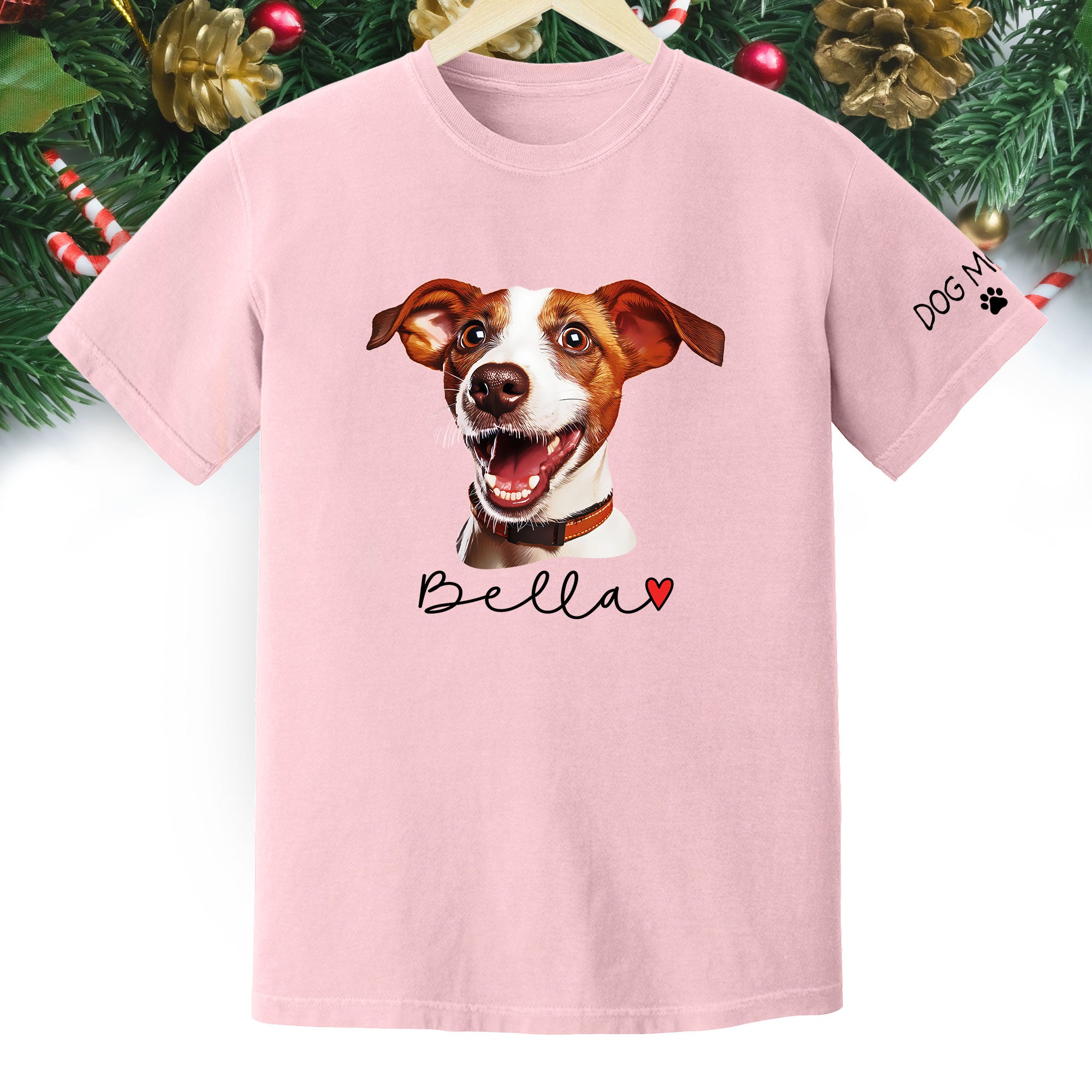 Dog Mom Christmas Shirt – Custom Pet Portrait Tee, Personalized Holiday Gift for Women