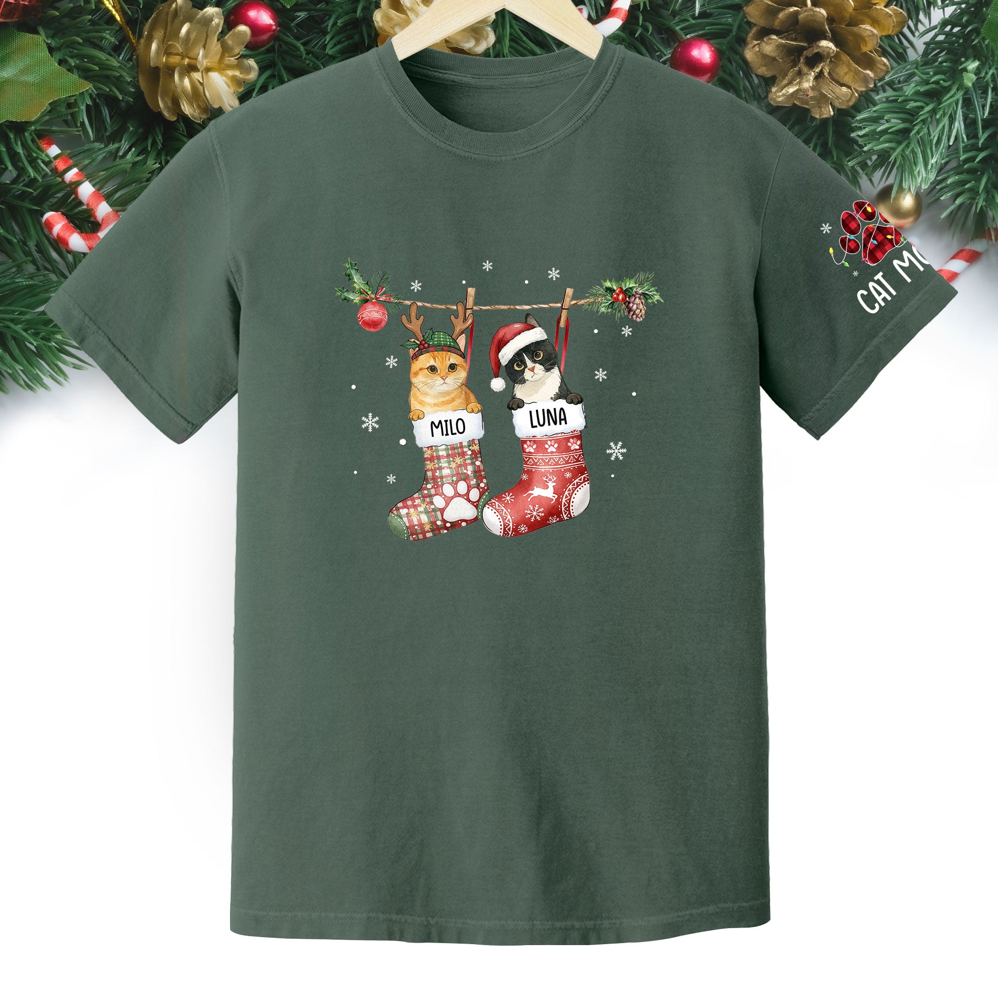 Personalized Cat Photo Christmas T-Shirt – Custom Pet Lover Gift for Cat Mom, Holiday Tee