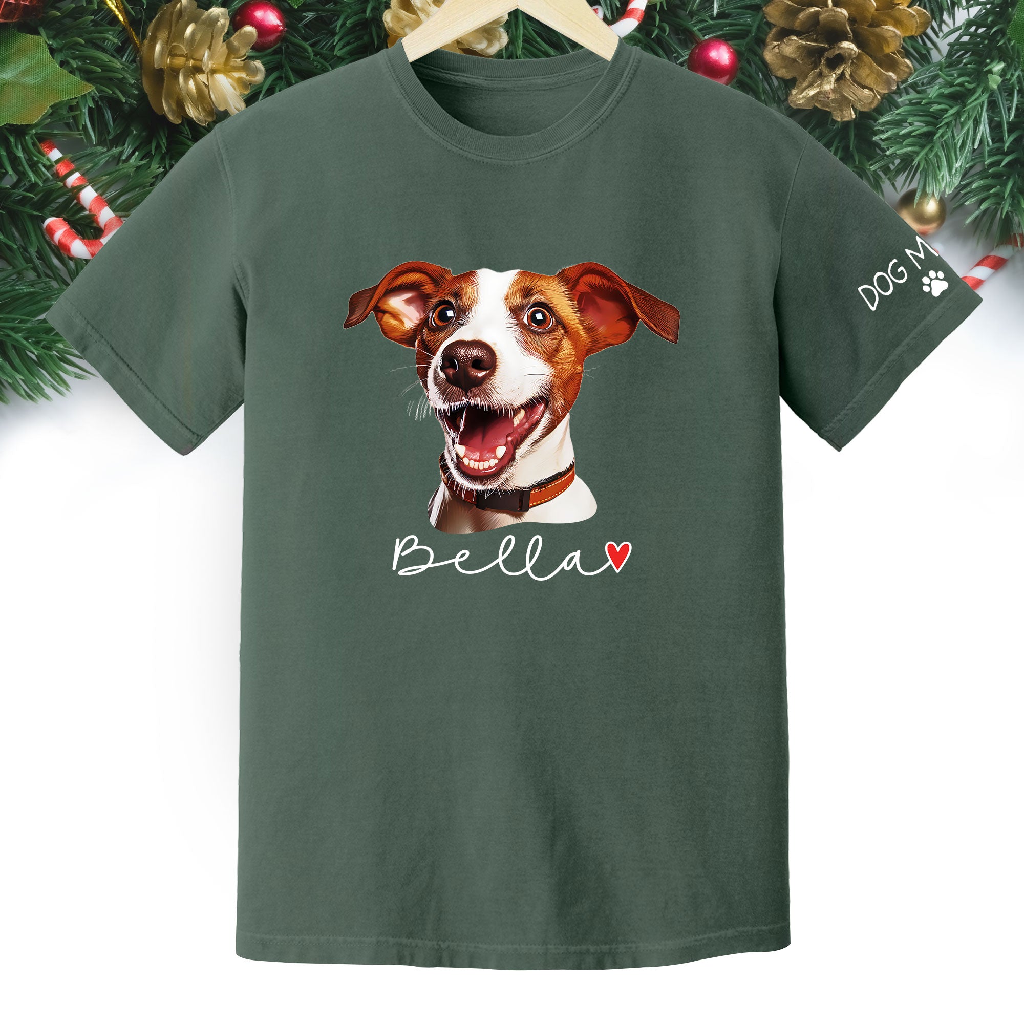 Dog Mom Christmas Shirt – Custom Pet Portrait Tee, Personalized Holiday Gift for Women