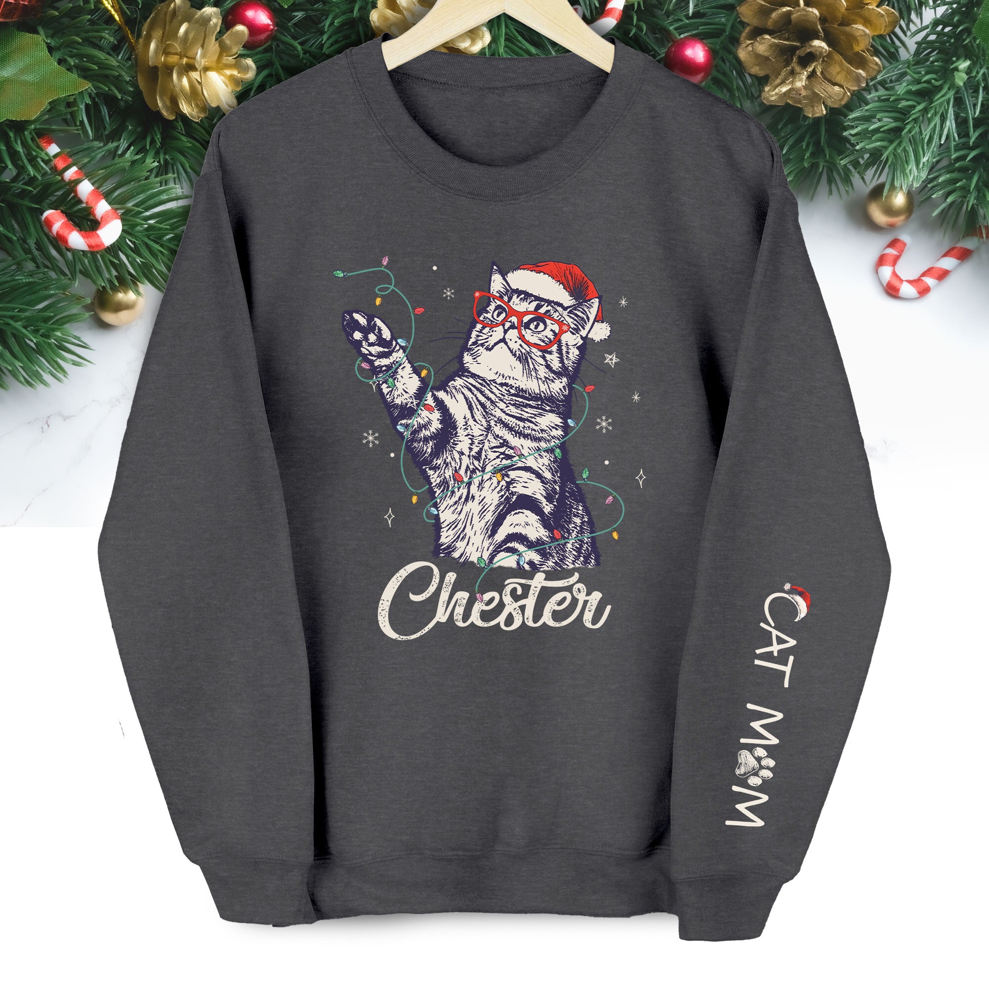 Custom Cat Christmas Sweatshirt, Personalized Pet Portrait Holiday Gift for Cat Moms