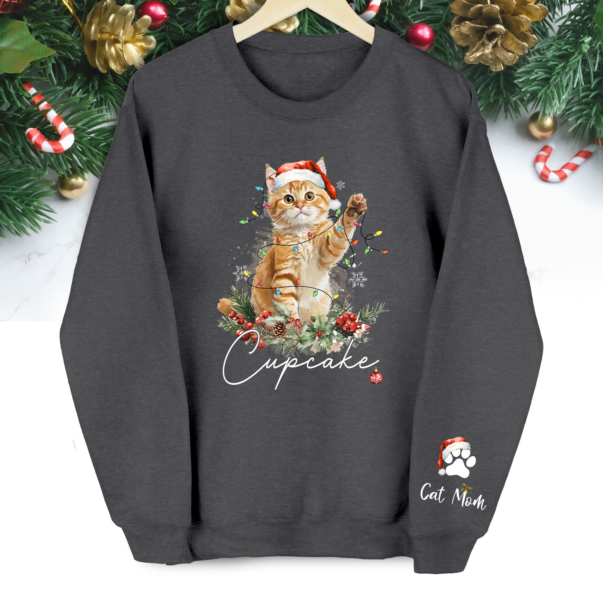 Custom Cat Christmas Sweatshirt – Personalized Holiday Pet Portrait Gift for Cat Moms