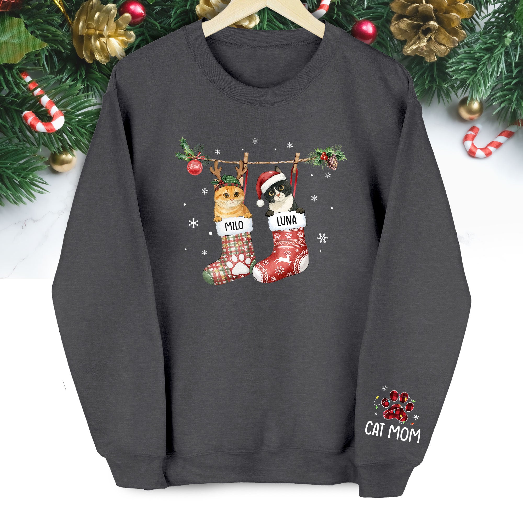 Custom Cats Christmas Sweatshirt – Personalized Pet Stocking Holiday Gift for Cat Moms