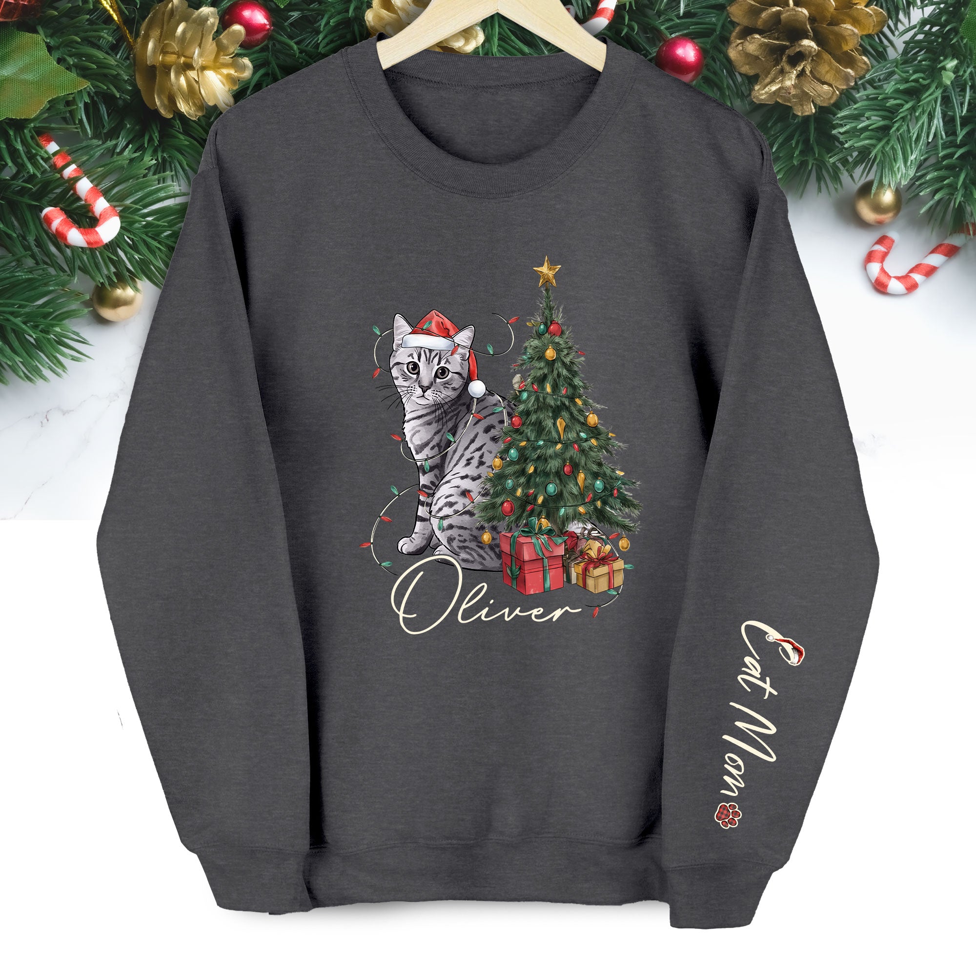 Custom Cat Christmas Sweatshirt – Personalized Gift for Cat Mom & Pet Lovers