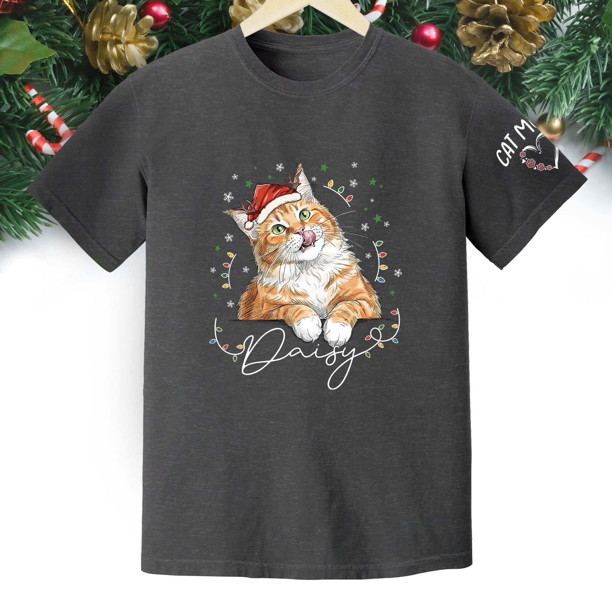 Christmas Cat T-Shirt – Custom Pet Photo Tee, Personalized Holiday Gift for Cat Lovers