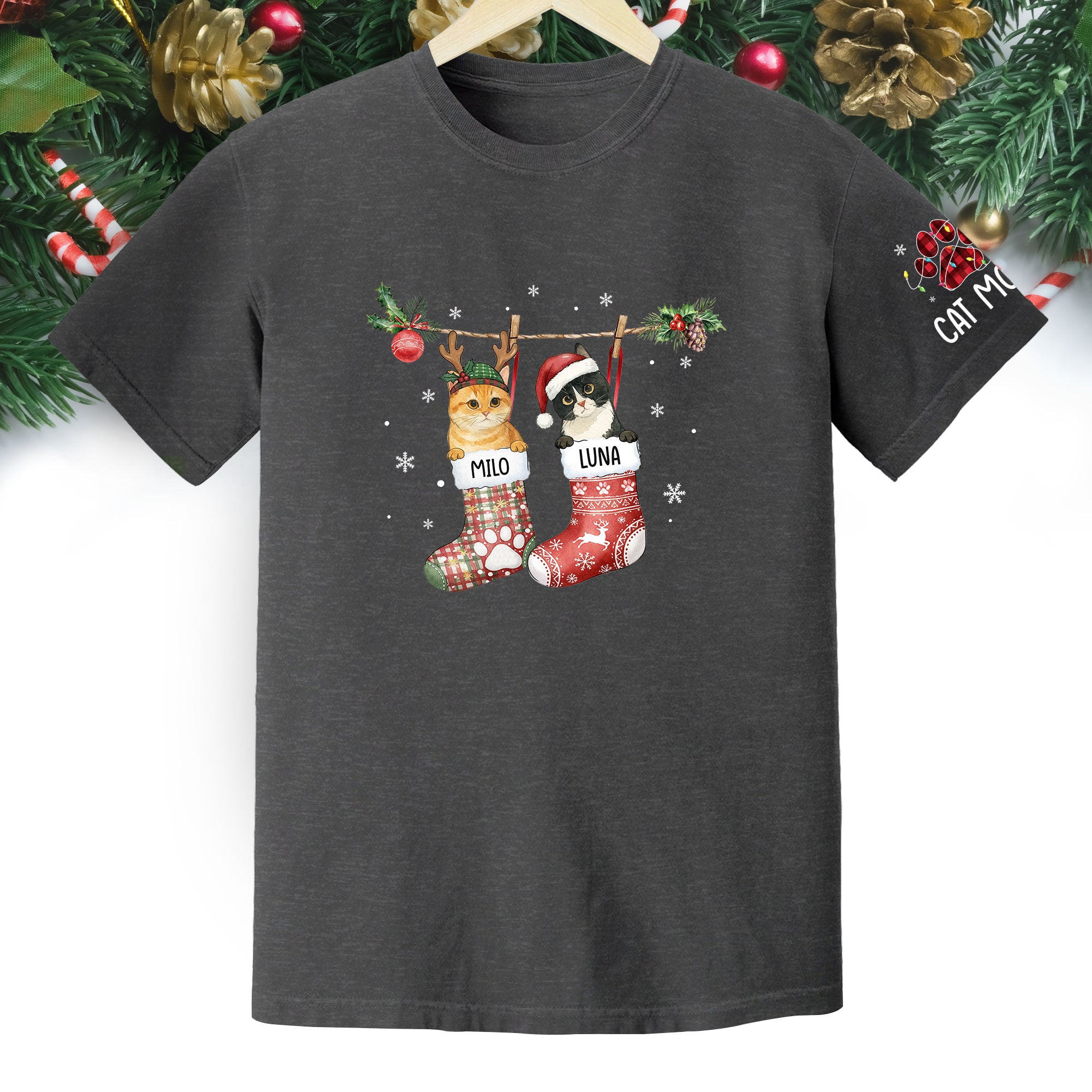 Personalized Cat Photo Christmas T-Shirt – Custom Pet Lover Gift for Cat Mom, Holiday Tee