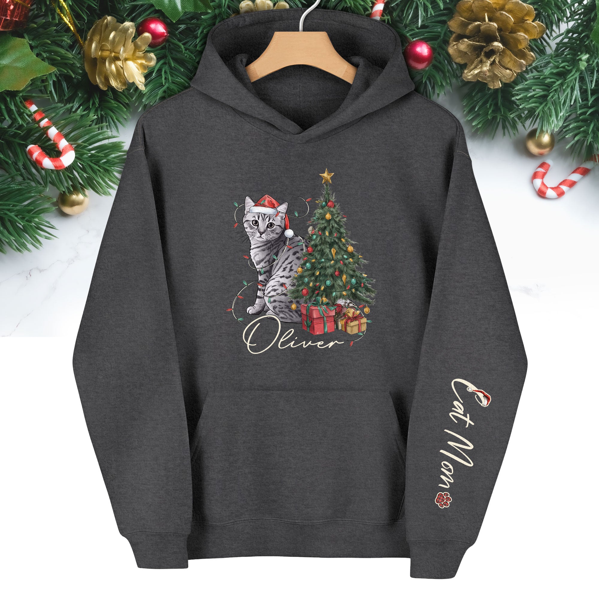 Personalized Cat Mom Christmas Hoodie – Custom Pet Photo Hoodie with Cat Name, Holiday Gift for Cat Lovers