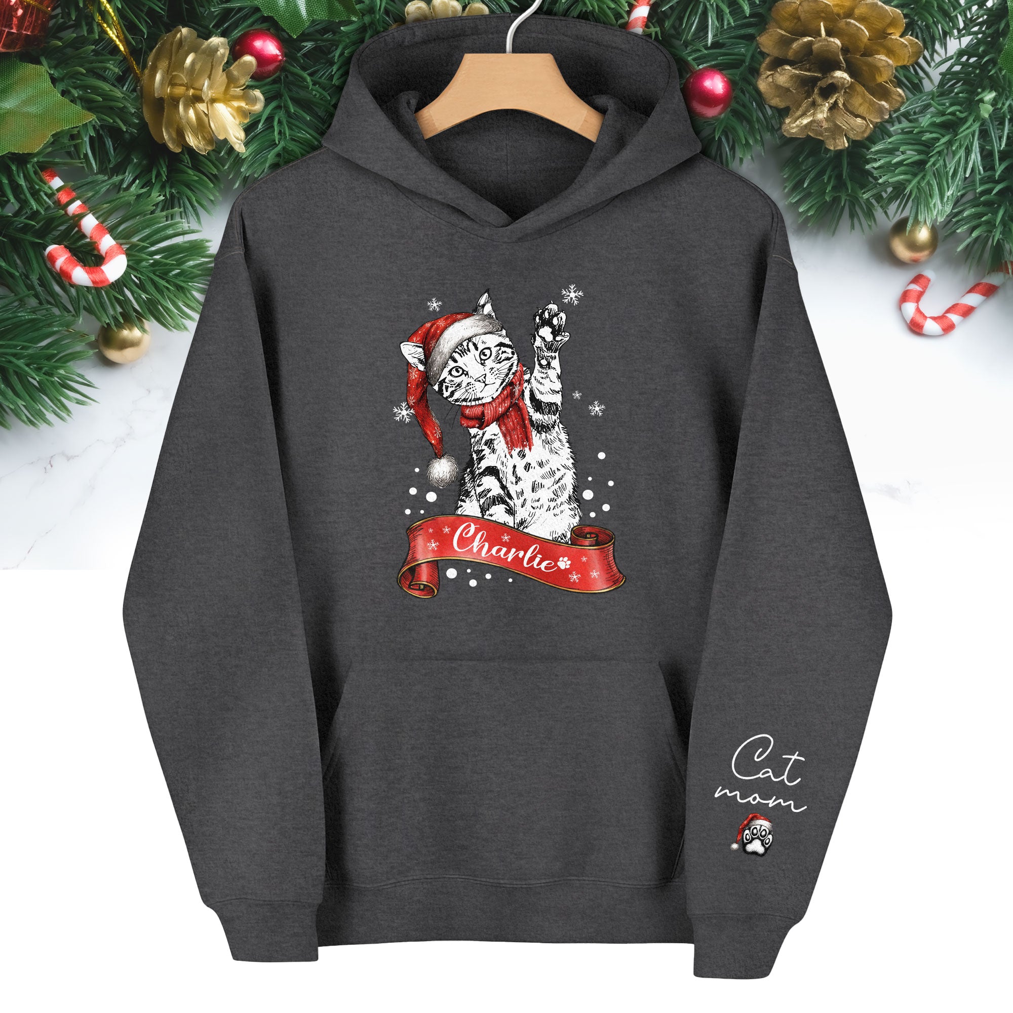 Custom Cat Mom Christmas Hoodie – Personalized Cat Photo Hoodie with Pet Name, Holiday Gift for Cat Lovers