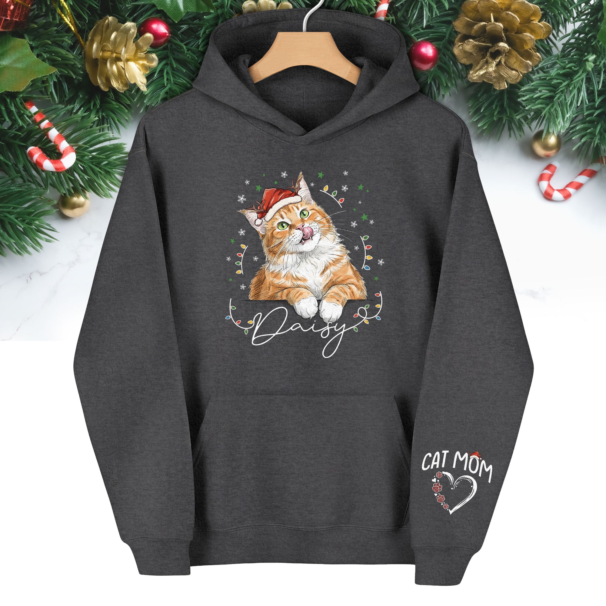 Personalized Cat Mom Christmas Hoodie – Custom Cat Photo Hoodie with Pet Name, Cute Holiday Gift for Cat Lovers