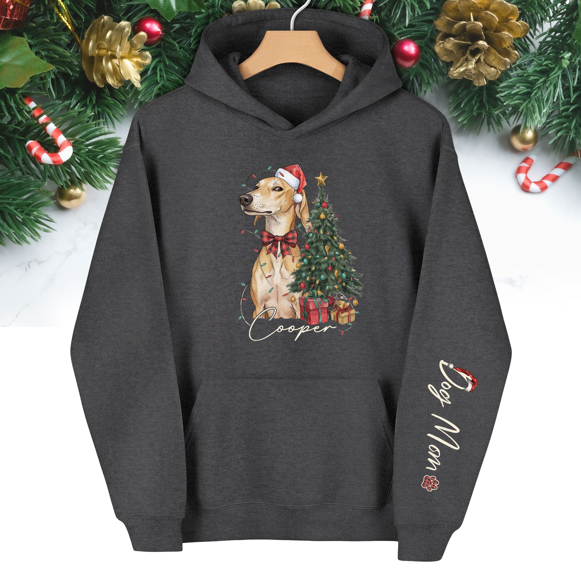 Personalized Dog Mom Christmas Hoodie, Custom Dog Photo Hoodie with Pet Name, Holiday Gift for Pet Lovers