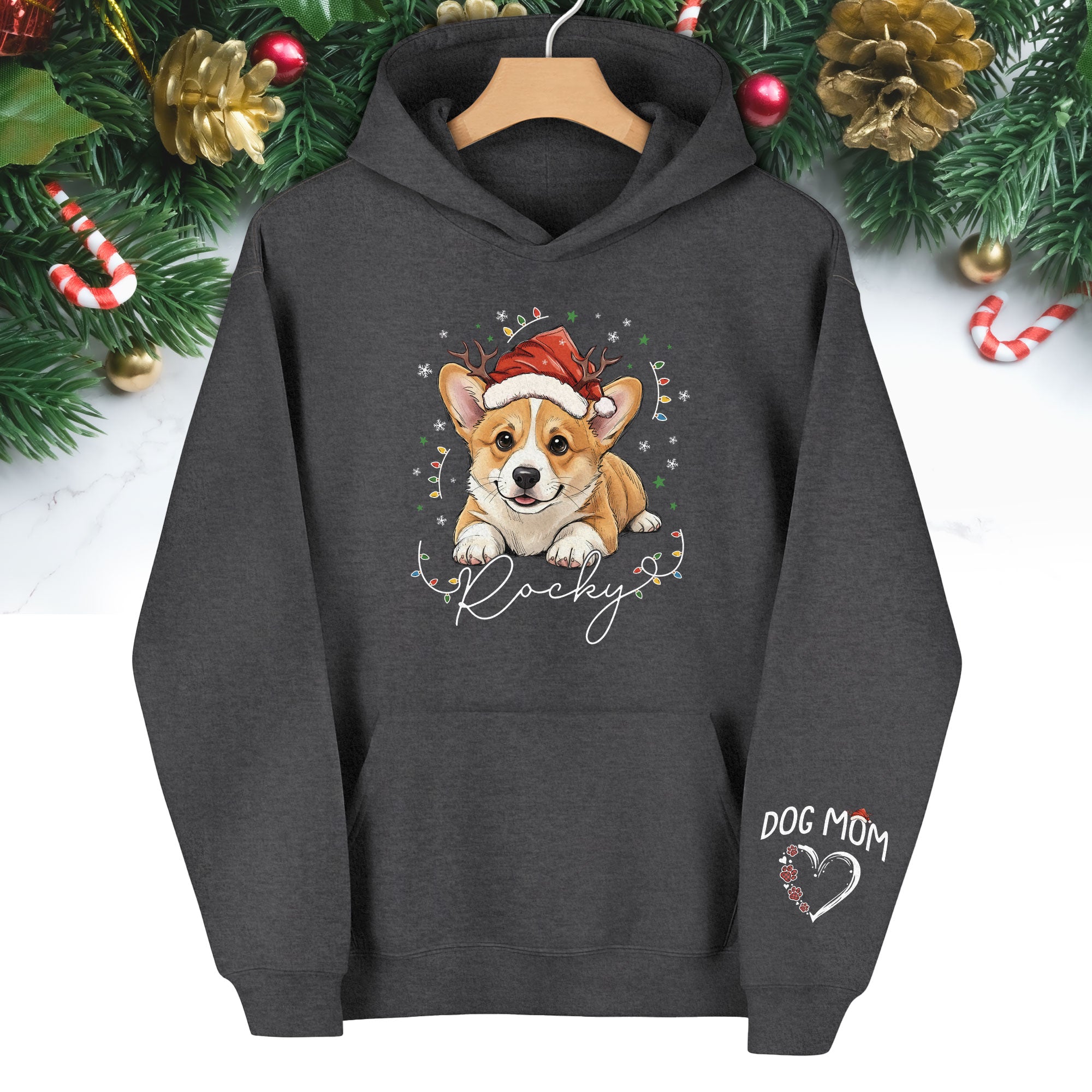 Personalized Dog Mom Christmas Hoodie – Custom Dog Photo Hoodie with Pet Name, Cute Holiday Gift for Dog Lovers