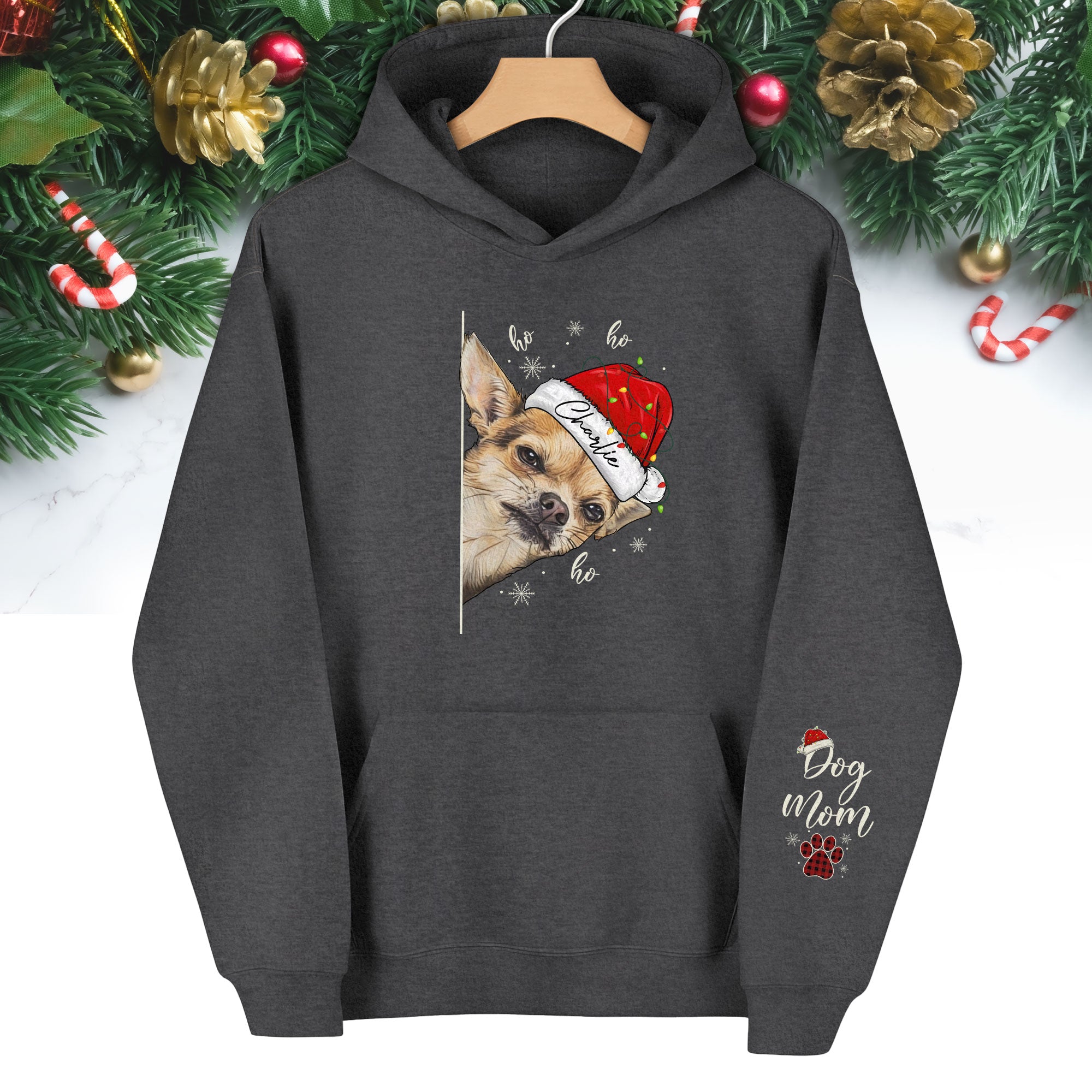 Custom Dog Mom Christmas Hoodie – Personalized Dog Photo Hoodie with Pet Name, Funny Holiday Gift for Dog Lovers