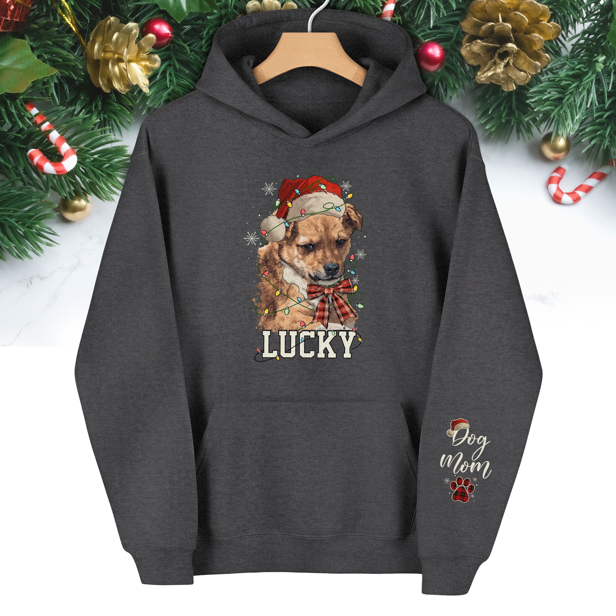 Personalized Dog Mom Christmas Hoodie – Custom Dog Photo Hoodie with Pet Name, Holiday Gift for Pet Lovers
