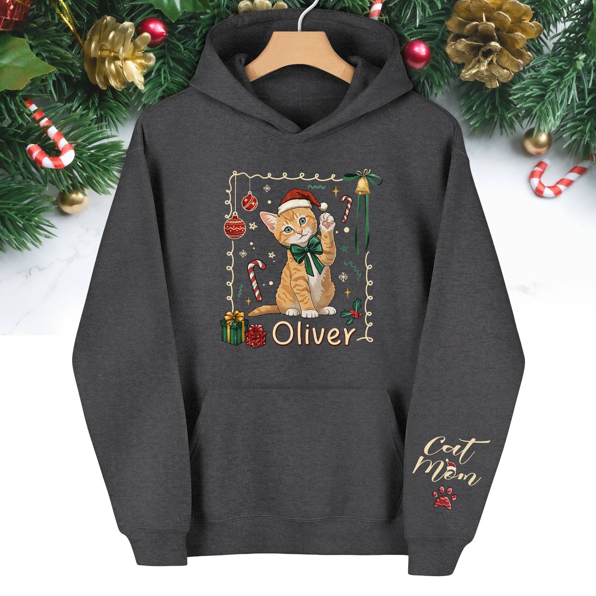 Custom Cat Christmas Hoodie – Personalized Pet Portrait Gift for Cat Moms