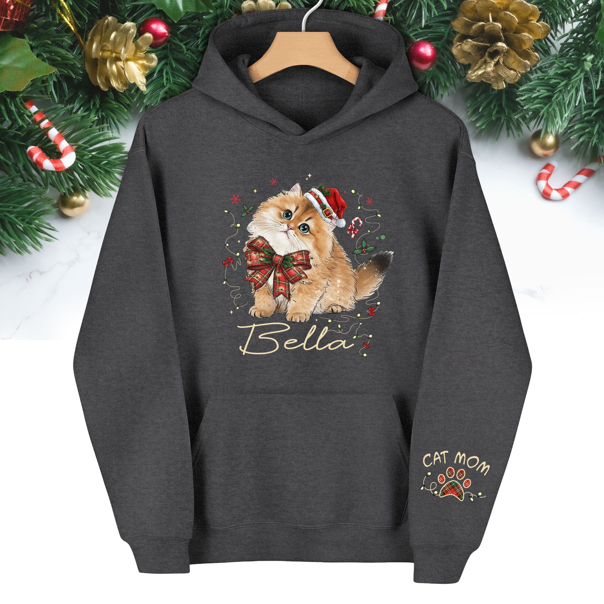 Personalized Cat Portrait Christmas Hoodie – Custom Pet Photo Gift for Cat Moms