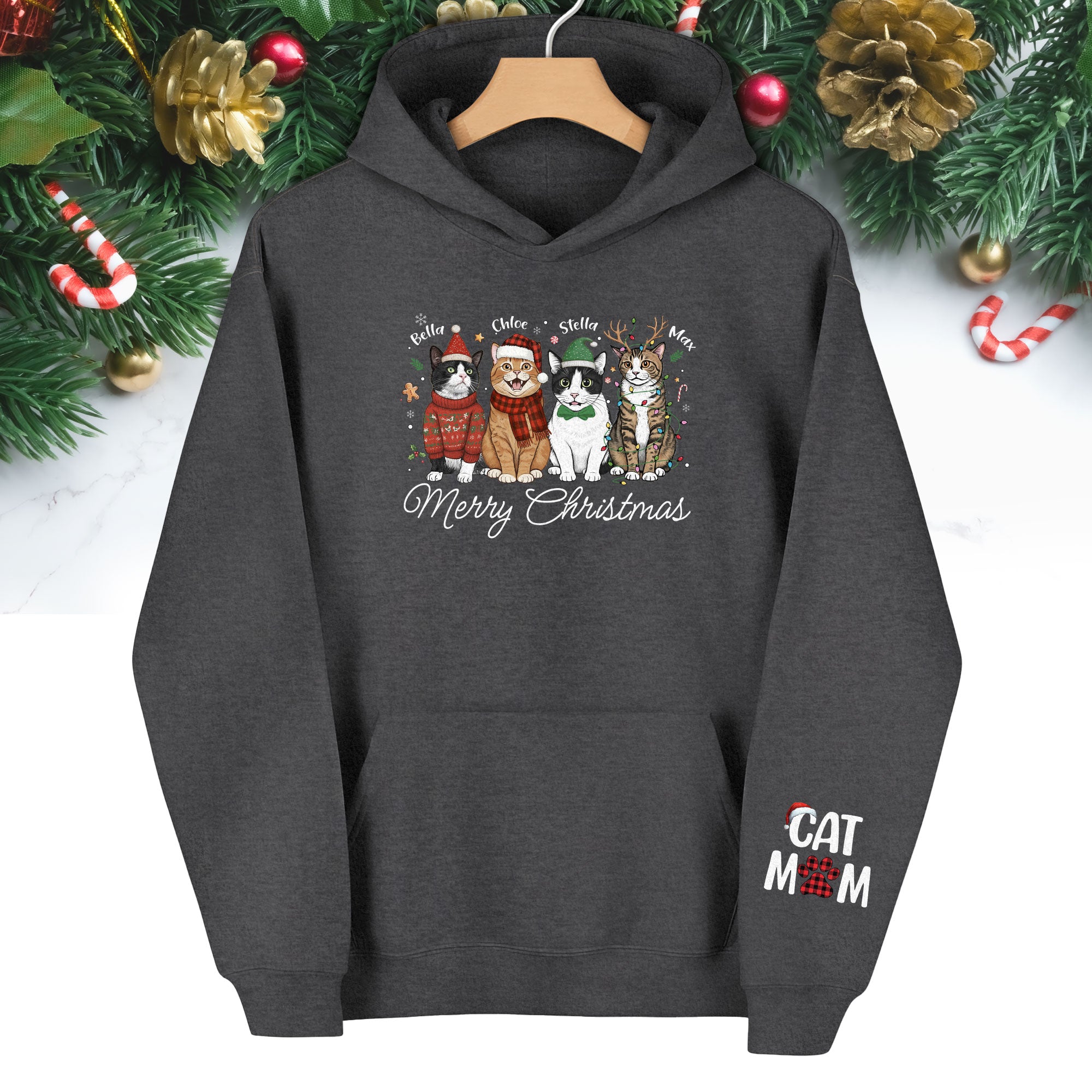 Custom Pet Christmas Hoodie – Personalized Cat Photo Hoodie for Pet Moms