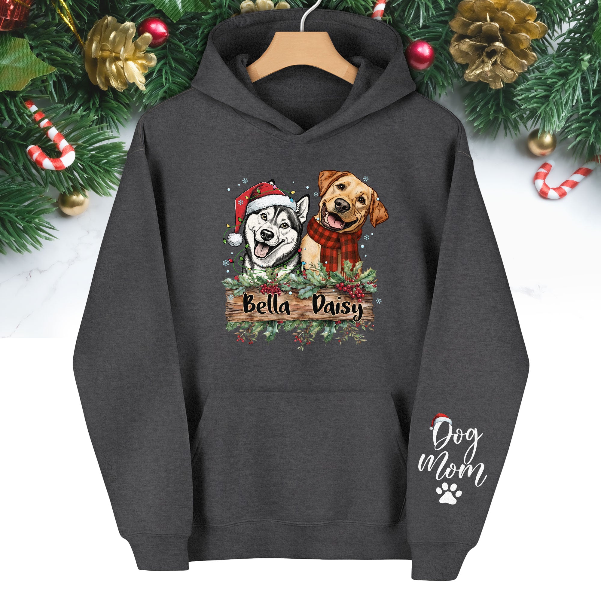 Dog Mom Christmas Hoodie – Custom Pet Photo Hoodie, Personalized Holiday Gift for Dog Mom