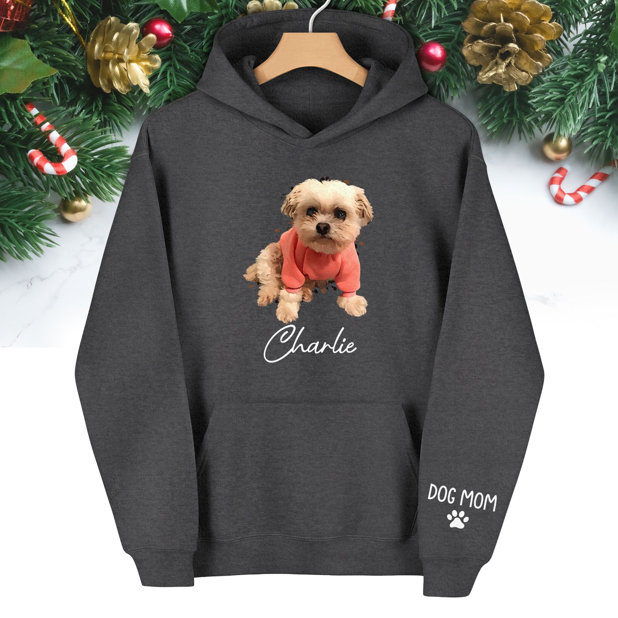 Personalized Dog Mom Hoodie – Custom Dog Photo Hoodie with Pet Name, Unique Holiday Gift for Pet Lovers