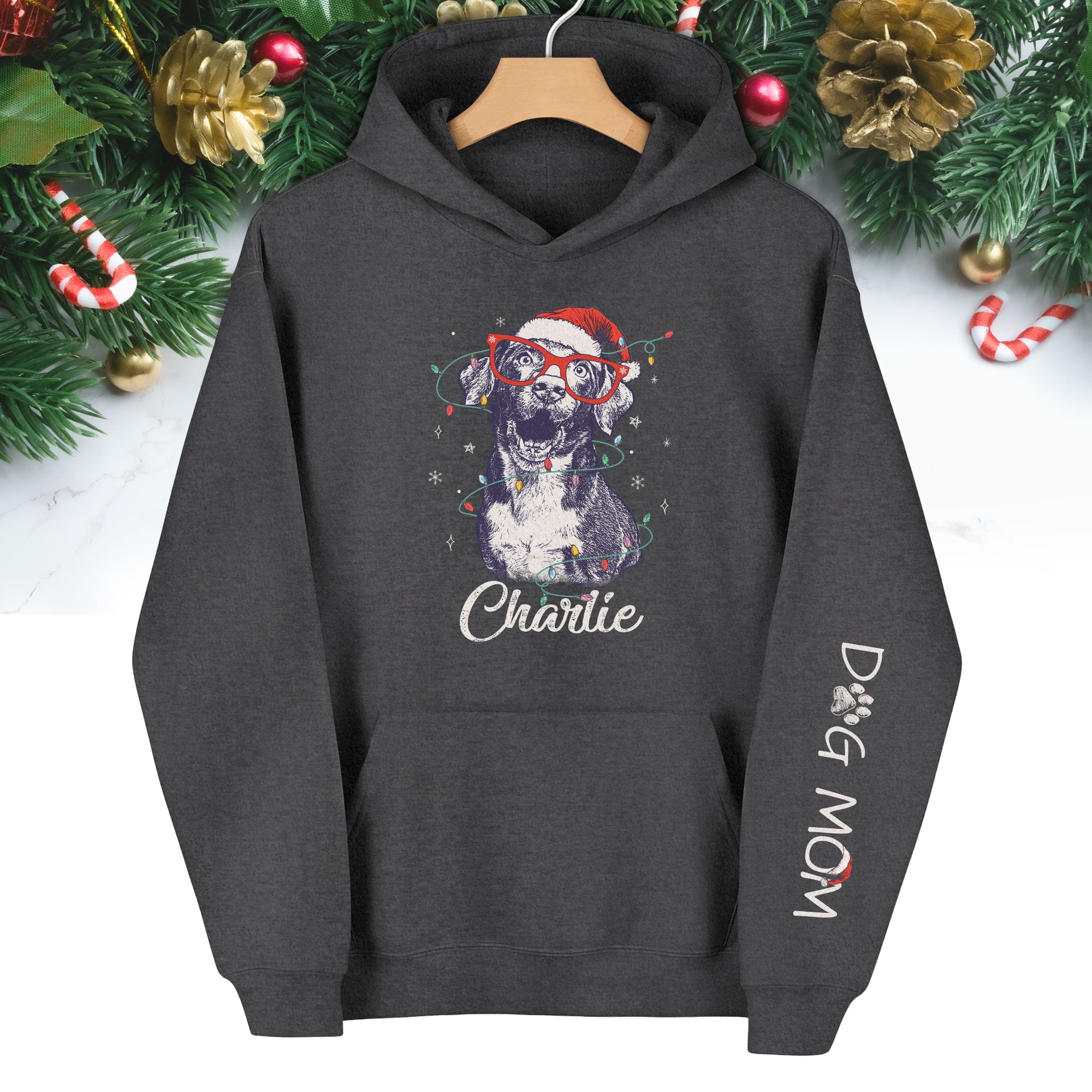 Personalized Dog Mom Hoodie – Custom Dog Photo Hoodie with Holiday Design
