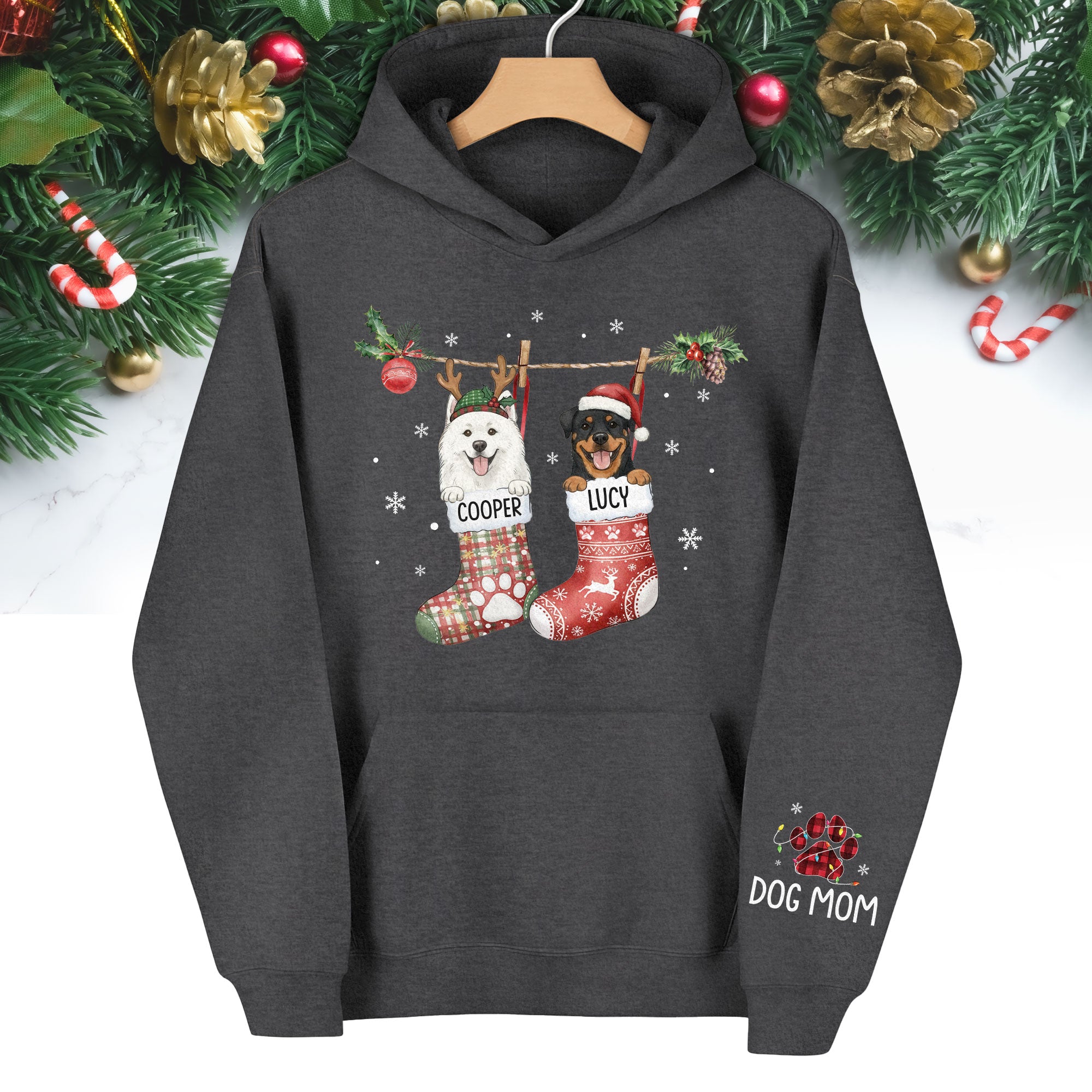 Custom Christmas Dog Hoodie – Personalized Holiday Hoodie with Your Dog’s Photo in Festive Stockings