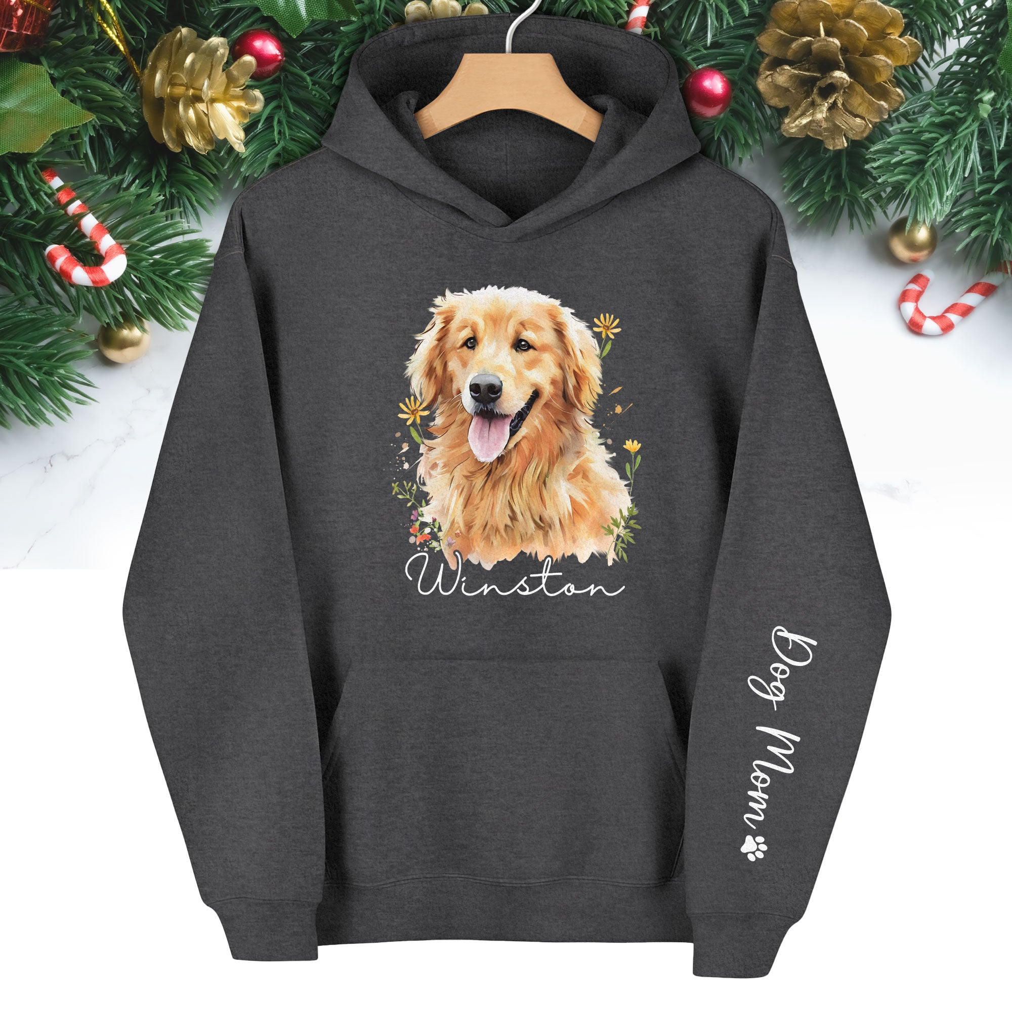 Custom Pet Photo Hoodie – Personalized Dog Portrait with Floral Design, Dog Mom Gift