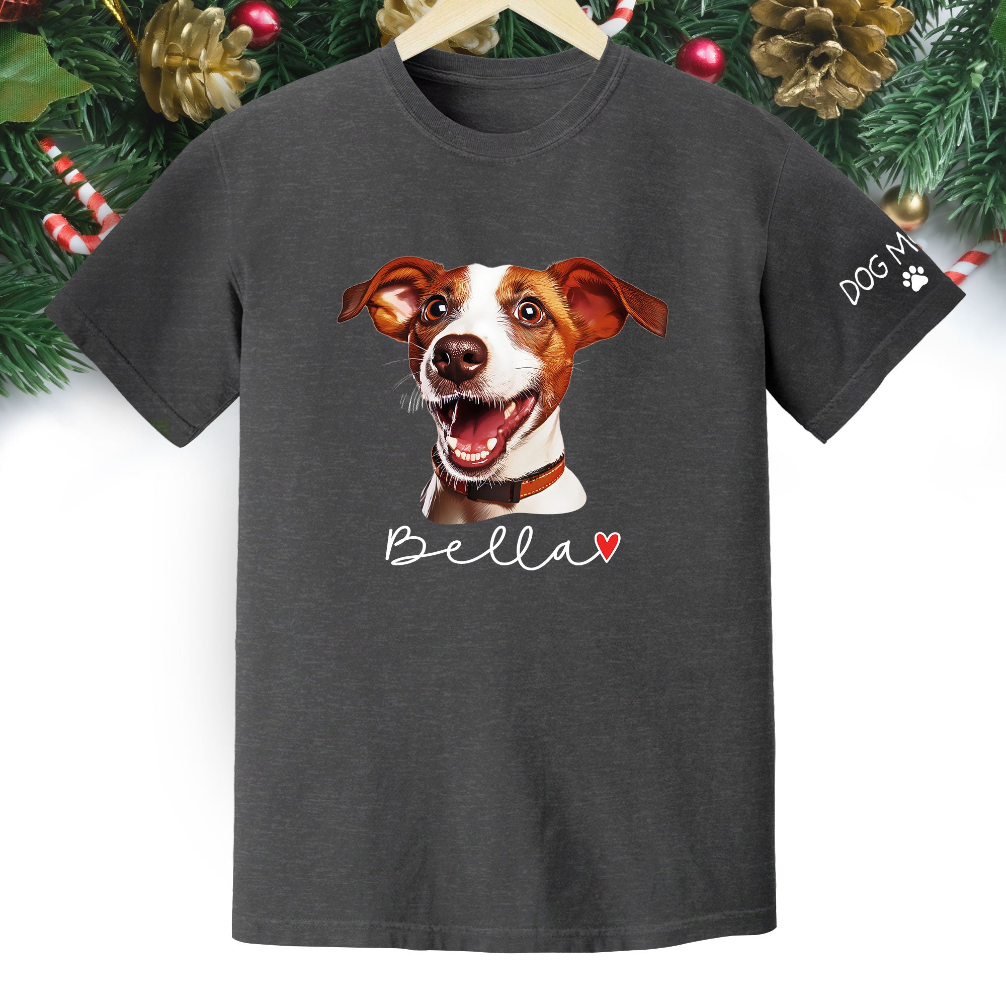 Dog Mom Christmas Shirt – Custom Pet Portrait Tee, Personalized Holiday Gift for Women