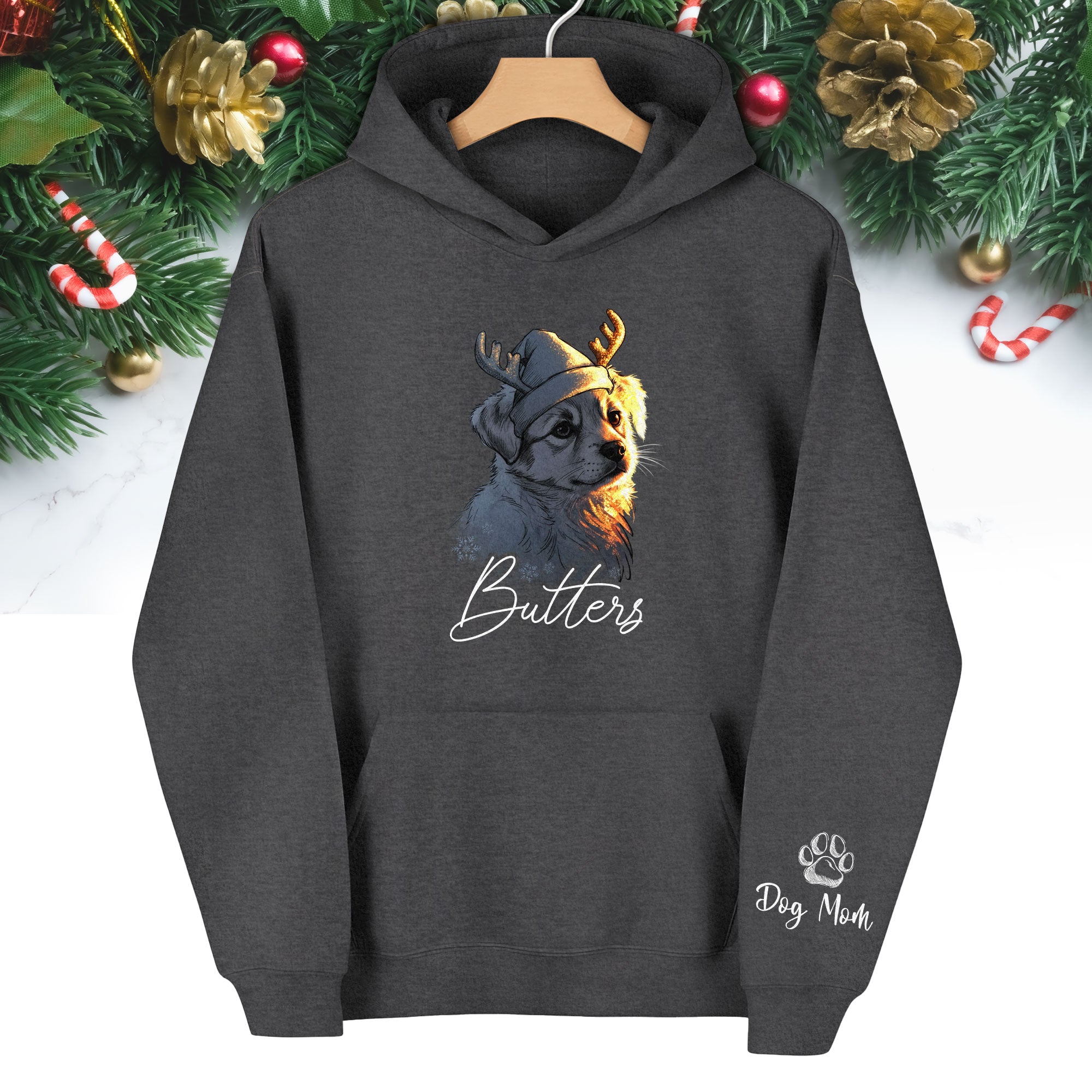 Festive Dog Mom Hoodie – Cute Christmas Pullover for Women