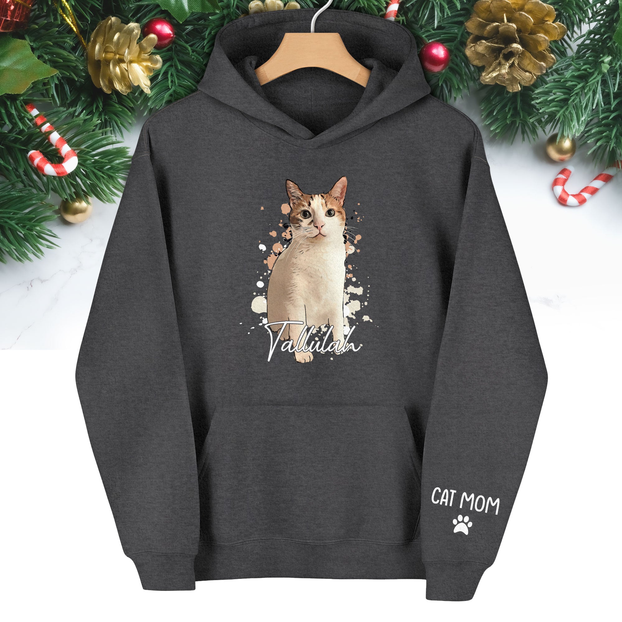 Personalized Cat Mom Hoodie – Custom Cat Photo Hoodie with Pet Name, Unique Holiday Gift for Cat Lovers
