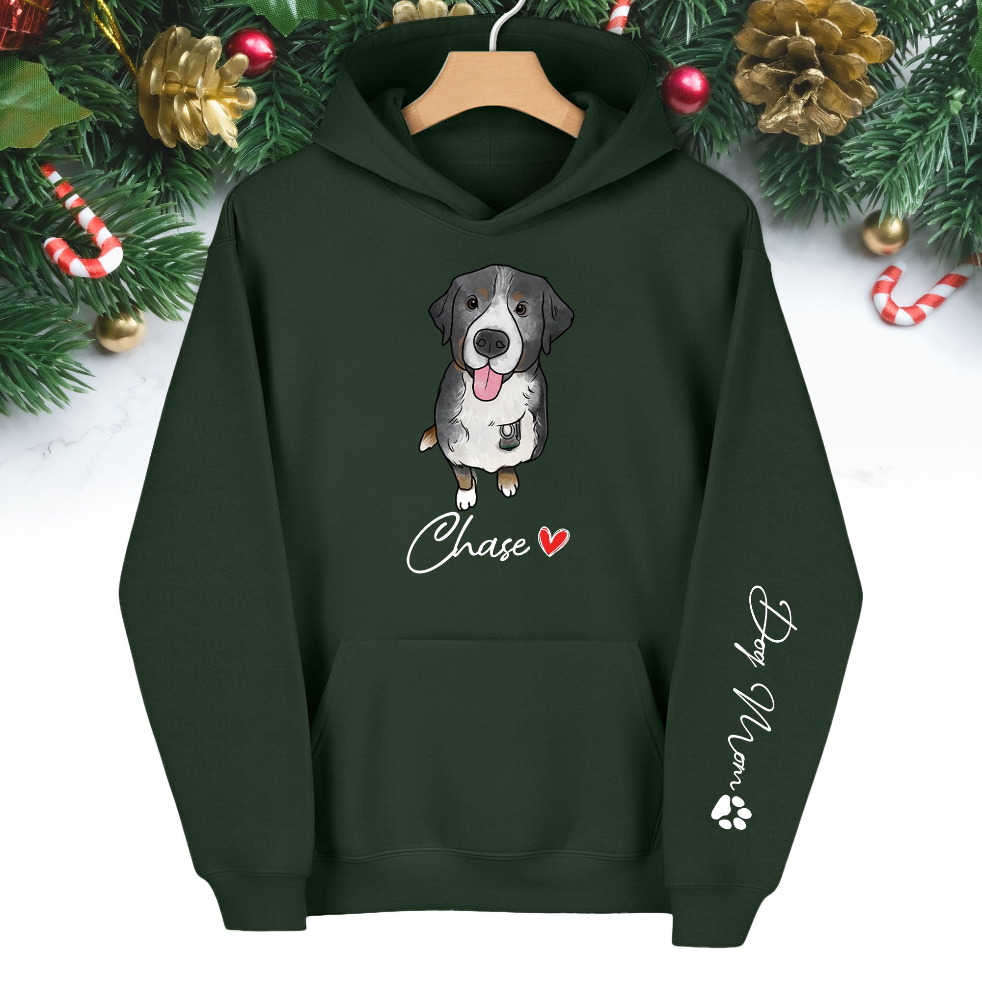 Custom Pet Portrait Hoodie– Dog Name Printed with Heart, Perfect Gift for Dog Lovers