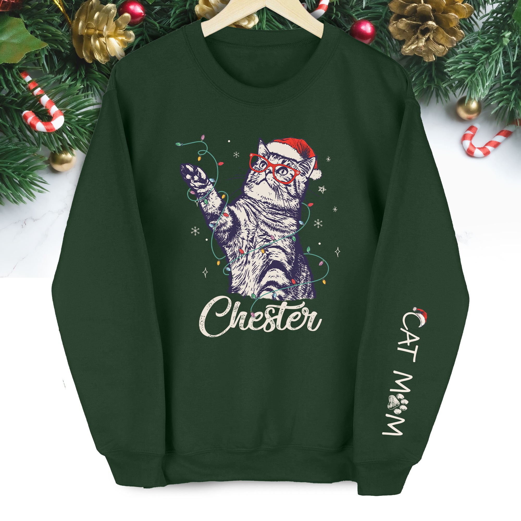 Custom Cat Christmas Sweatshirt, Personalized Pet Portrait Holiday Gift for Cat Moms