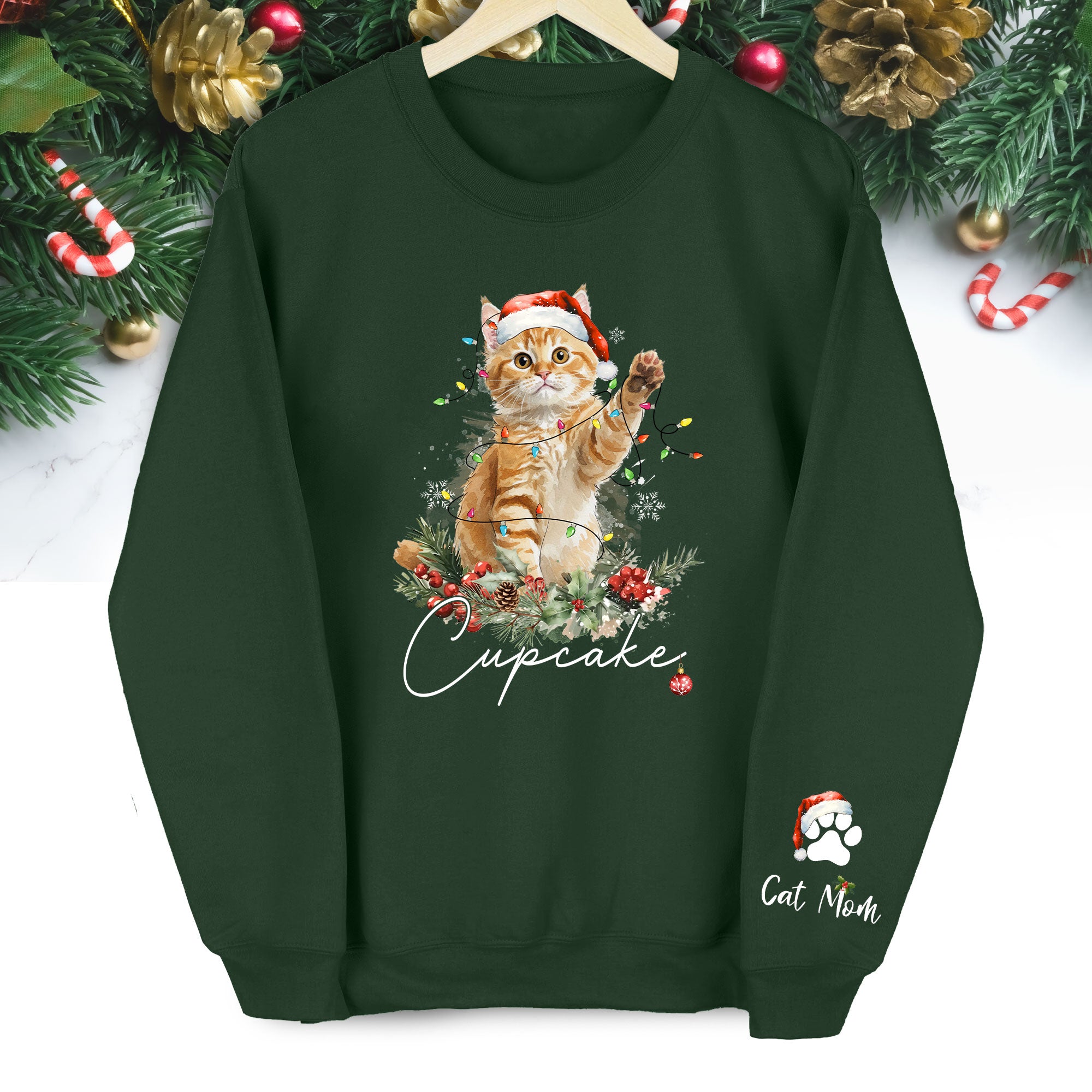 Custom Cat Christmas Sweatshirt – Personalized Holiday Pet Portrait Gift for Cat Moms