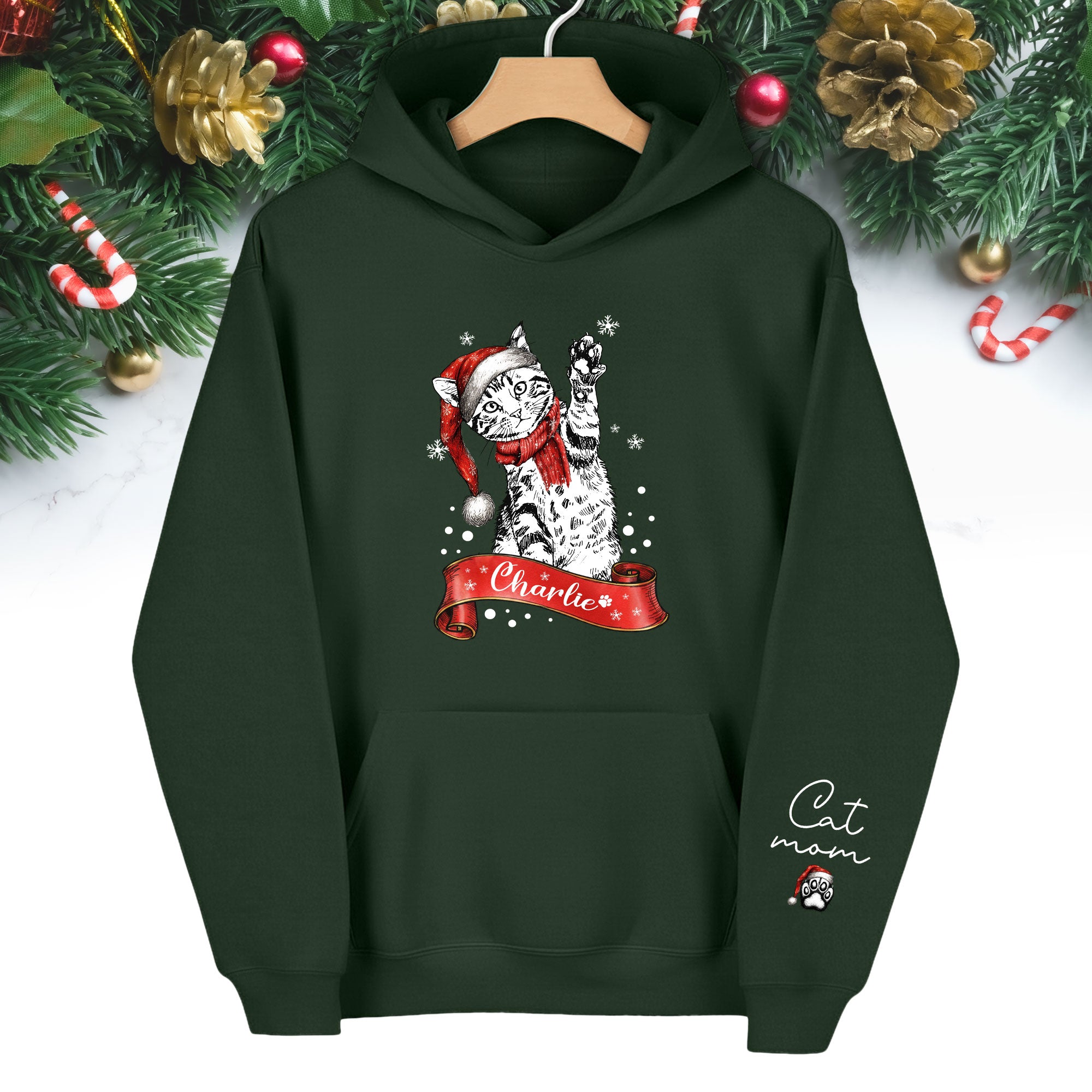 Custom Cat Mom Christmas Hoodie – Personalized Cat Photo Hoodie with Pet Name, Holiday Gift for Cat Lovers