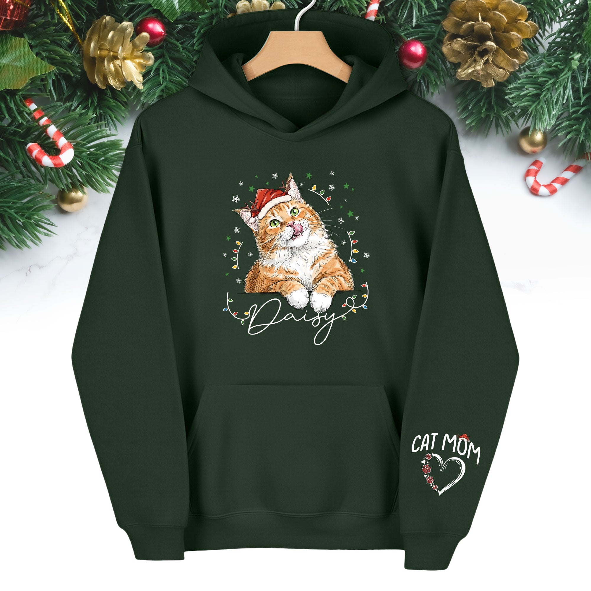 Personalized Cat Mom Christmas Hoodie – Custom Cat Photo Hoodie with Pet Name, Cute Holiday Gift for Cat Lovers
