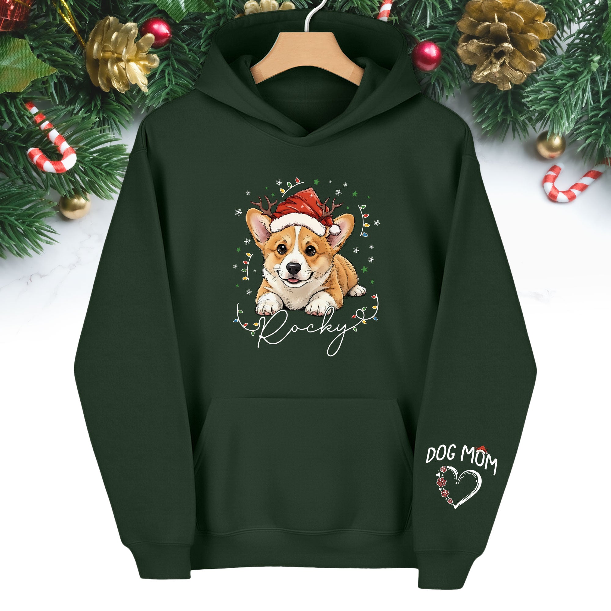 Personalized Dog Mom Christmas Hoodie – Custom Dog Photo Hoodie with Pet Name, Cute Holiday Gift for Dog Lovers