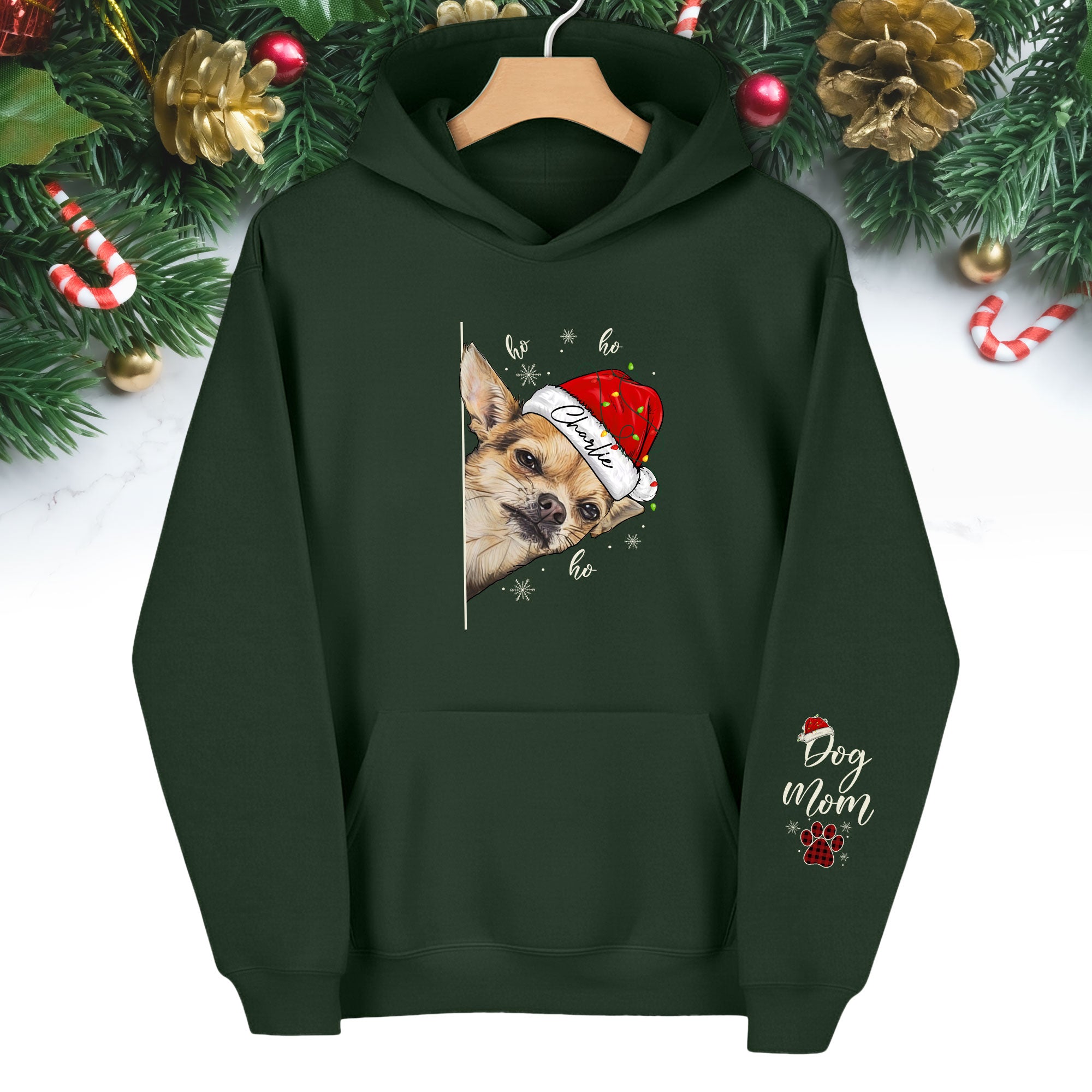 Custom Dog Mom Christmas Hoodie – Personalized Dog Photo Hoodie with Pet Name, Funny Holiday Gift for Dog Lovers