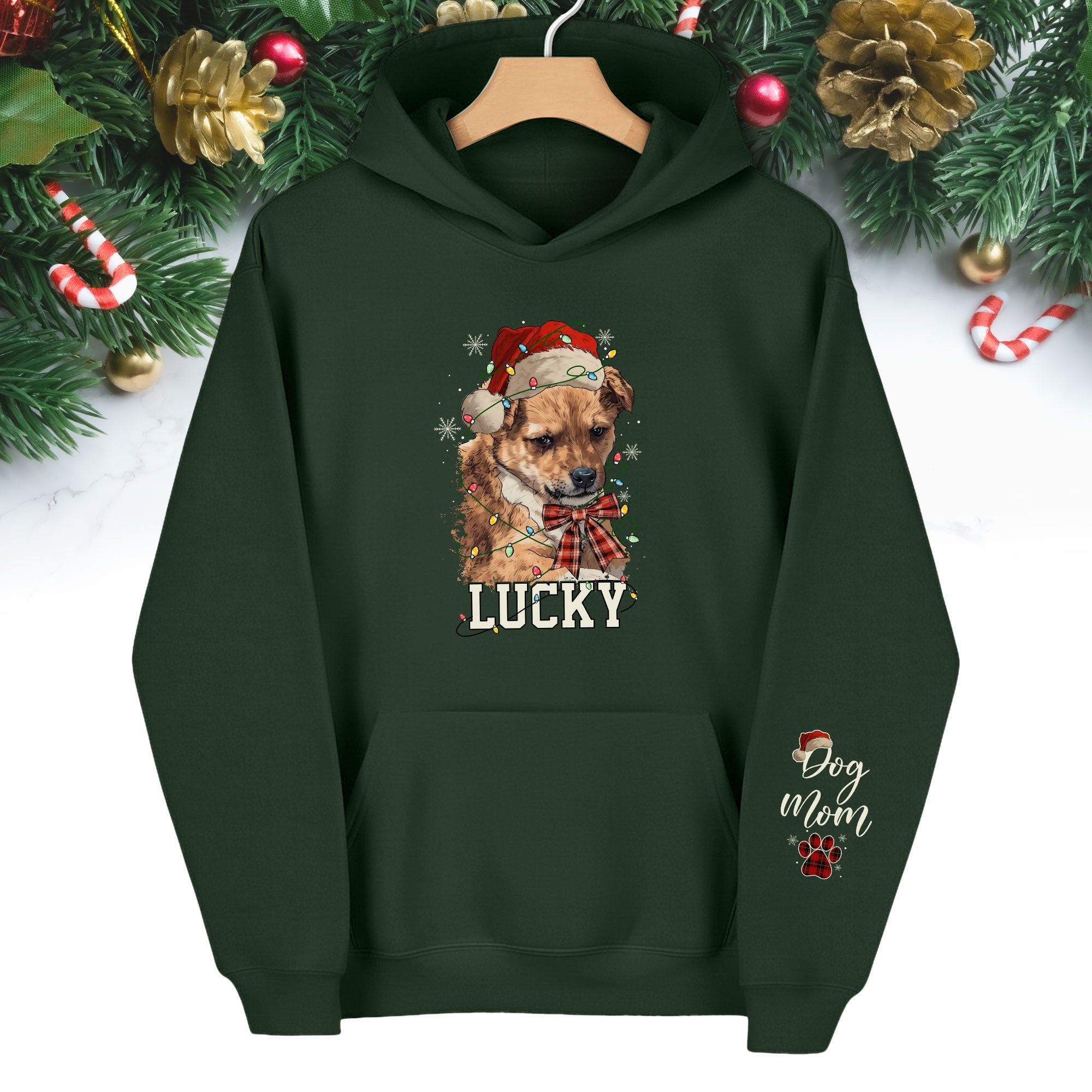 Personalized Dog Mom Christmas Hoodie – Custom Dog Photo Hoodie with Pet Name, Holiday Gift for Pet Lovers