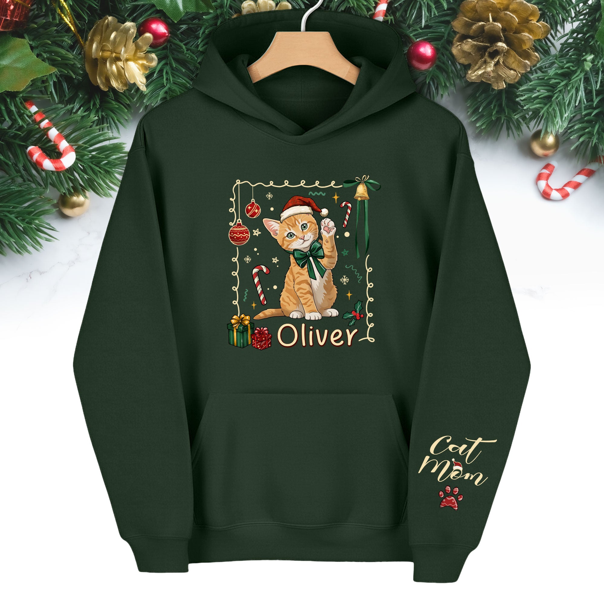 Custom Cat Christmas Hoodie – Personalized Pet Portrait Gift for Cat Moms