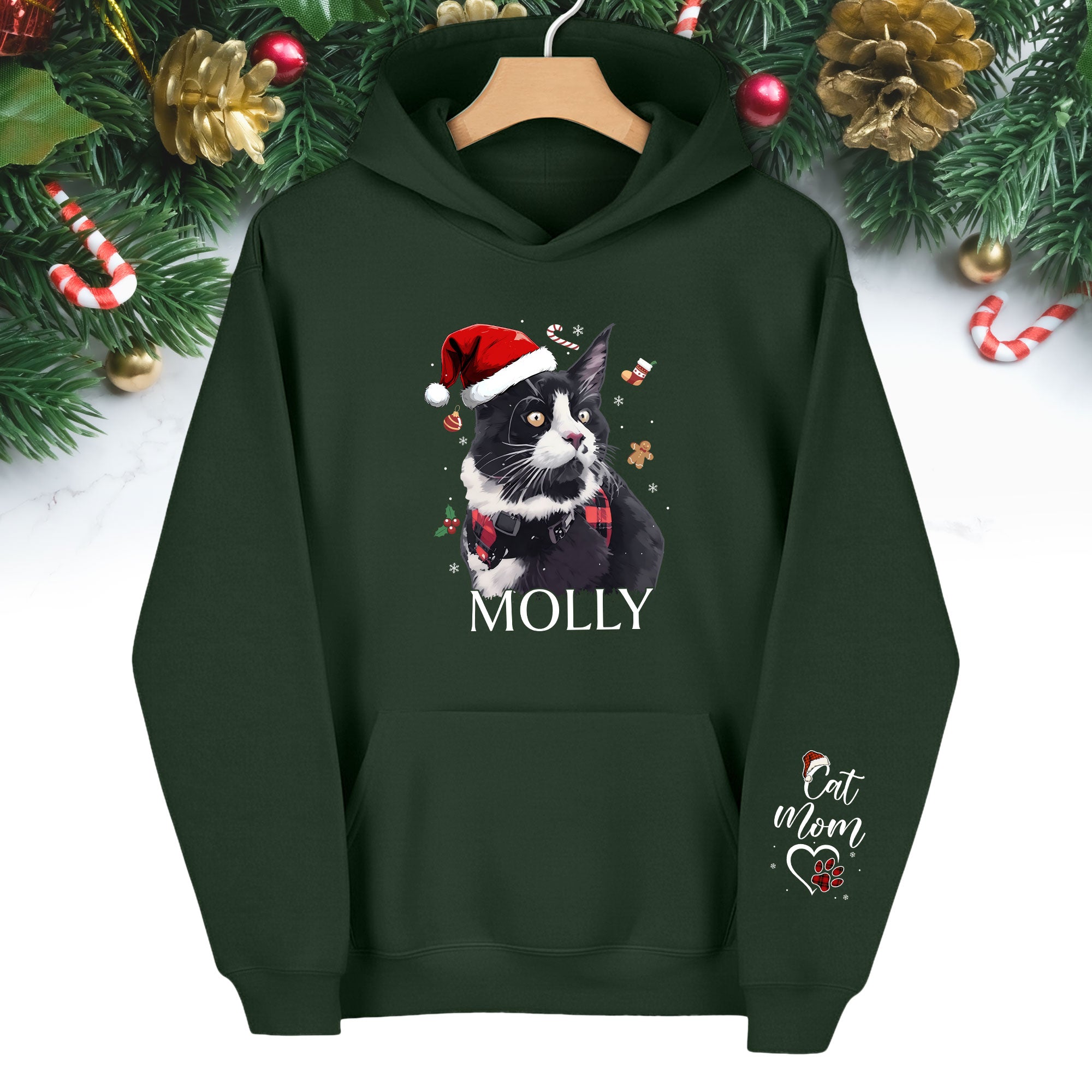 Custom Cat Photo Hoodie – Personalized Holiday Hoodie with Cat Design for Cat Moms