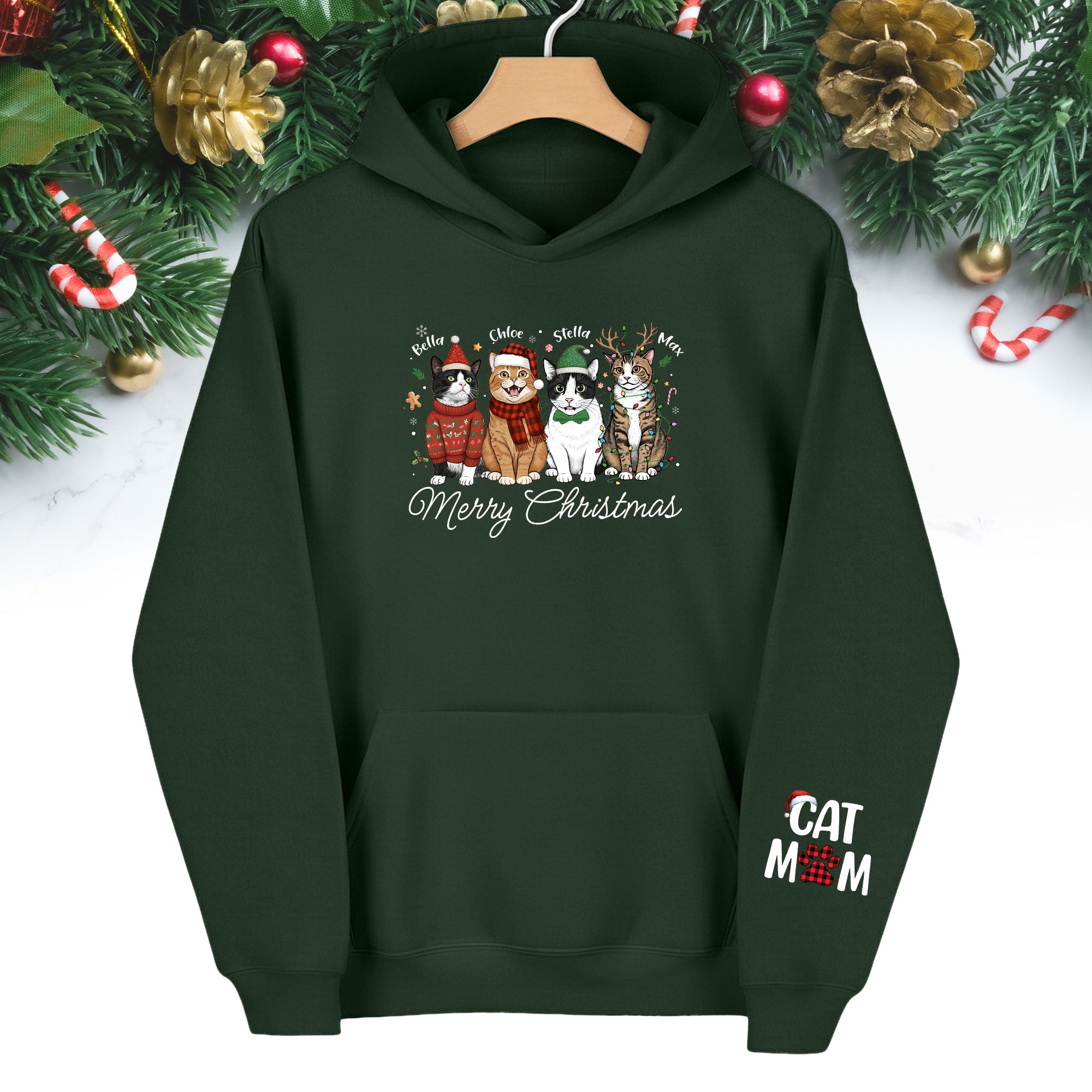 Custom Pet Christmas Hoodie – Personalized Cat Photo Hoodie for Pet Moms