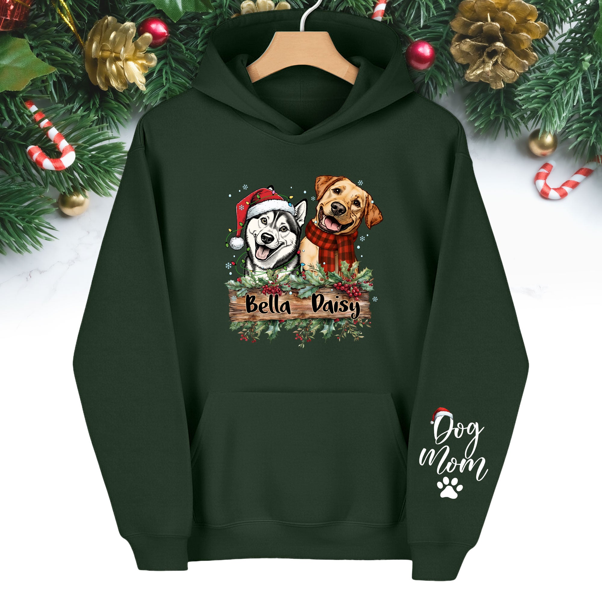 Dog Mom Christmas Hoodie – Custom Pet Photo Hoodie, Personalized Holiday Gift for Dog Mom
