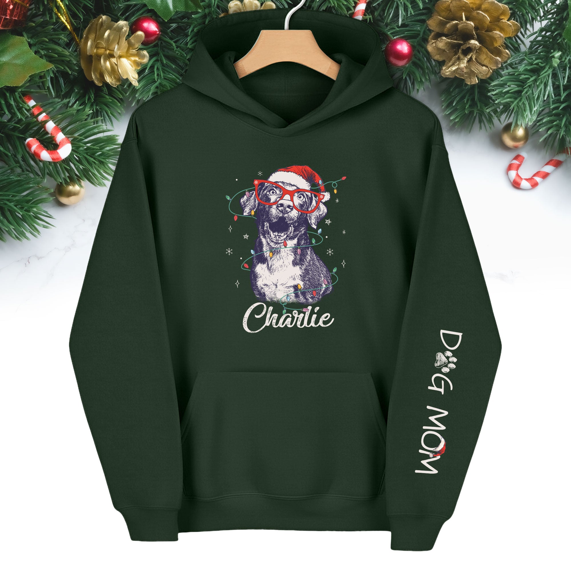 Personalized Dog Mom Hoodie – Custom Dog Photo Hoodie with Holiday Design