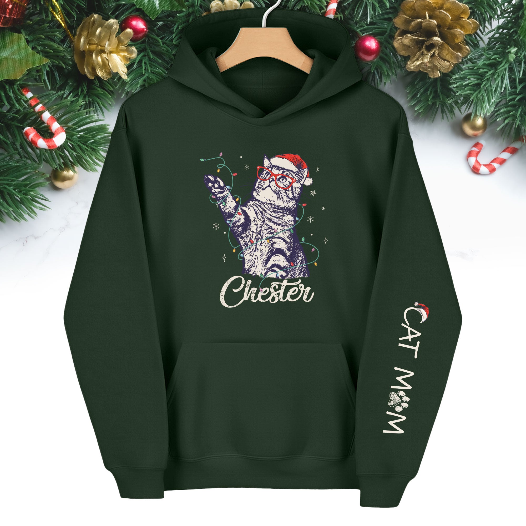 Christmas Cat Mom Hoodie – Personalized Cat Photo Hoodie, Custom Holiday Gift for Women